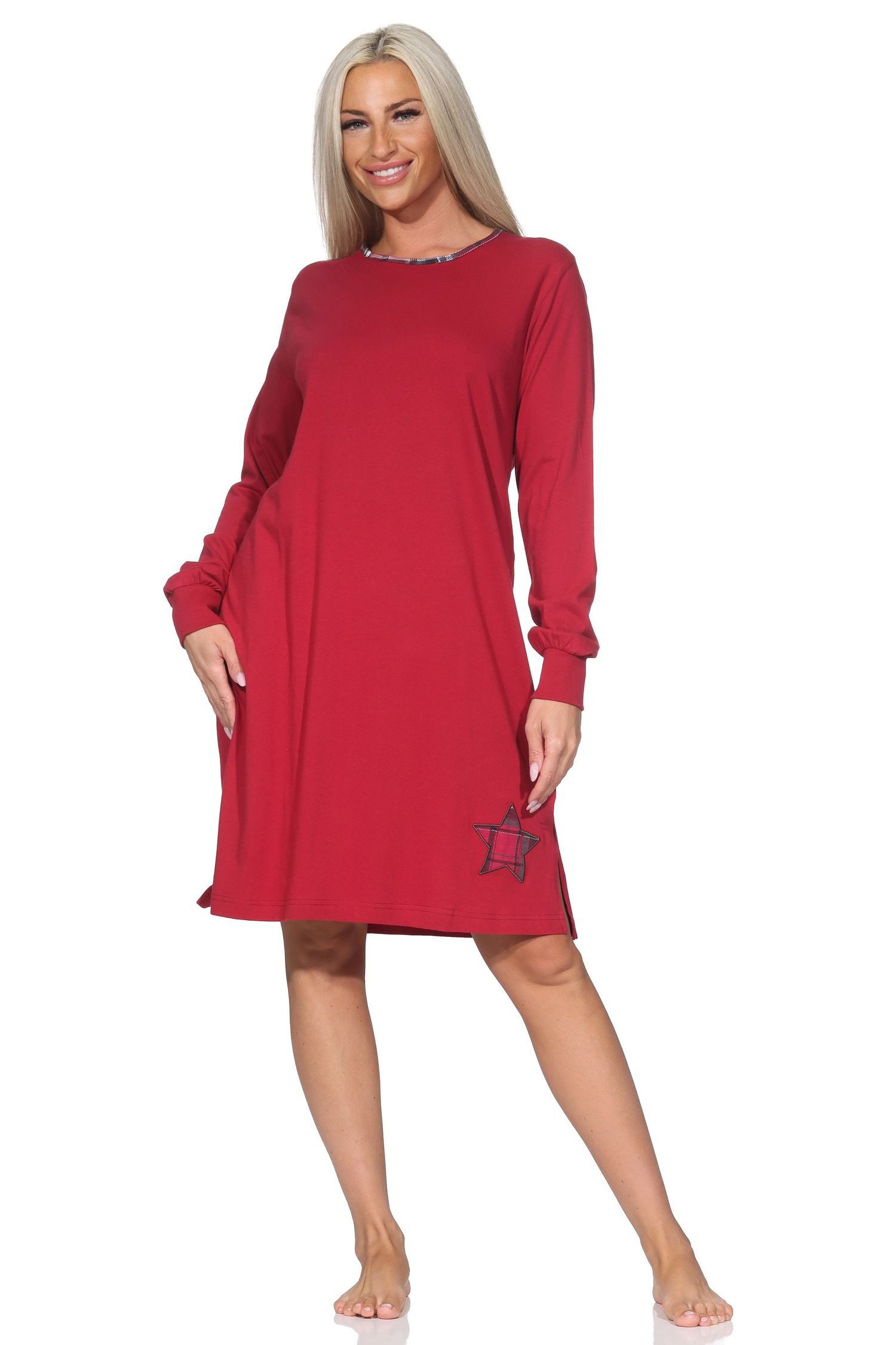 Normann Nachthemd Damen langarm Nachthemd mit Bündchen und Stern als Motiv