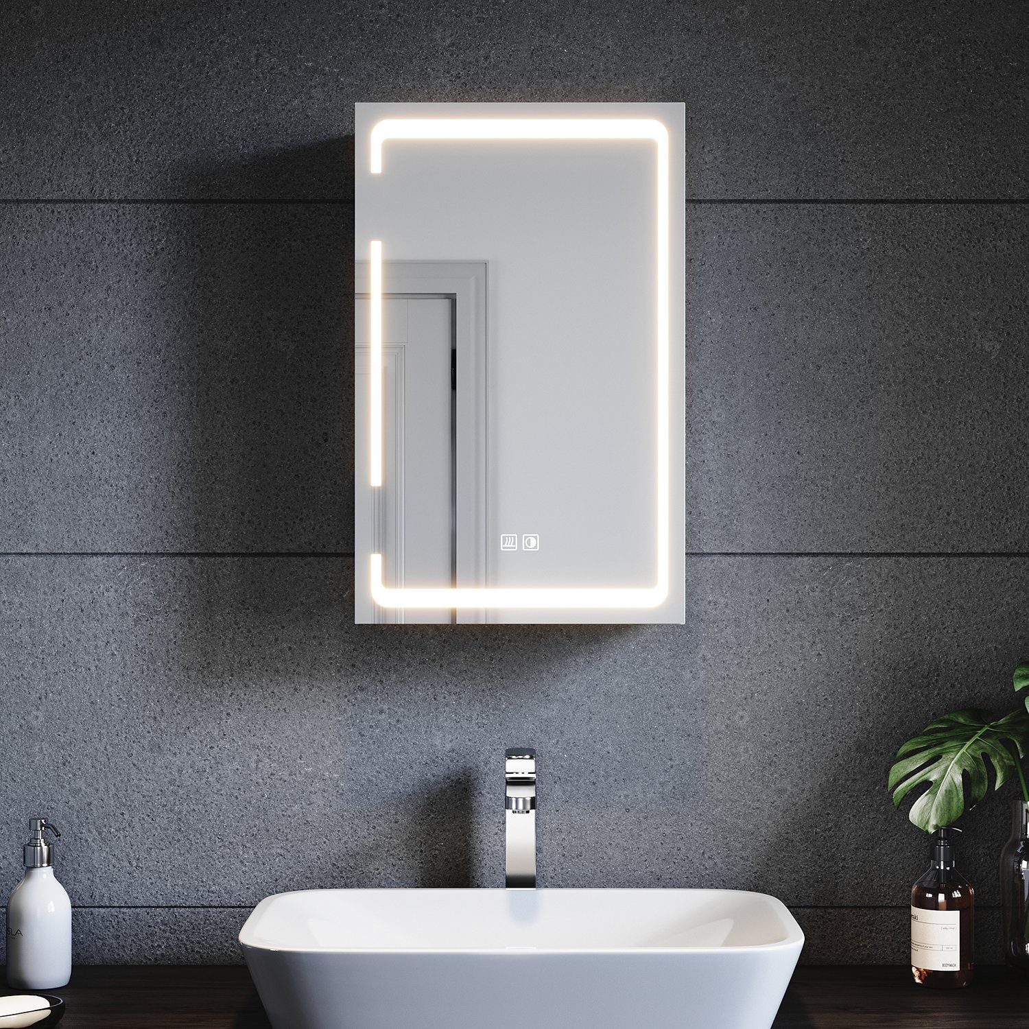 SONNI Badezimmerspiegelschrank Eintüriger dreifarbig beleuchteter Badspiegelschrank,380x600x140mm