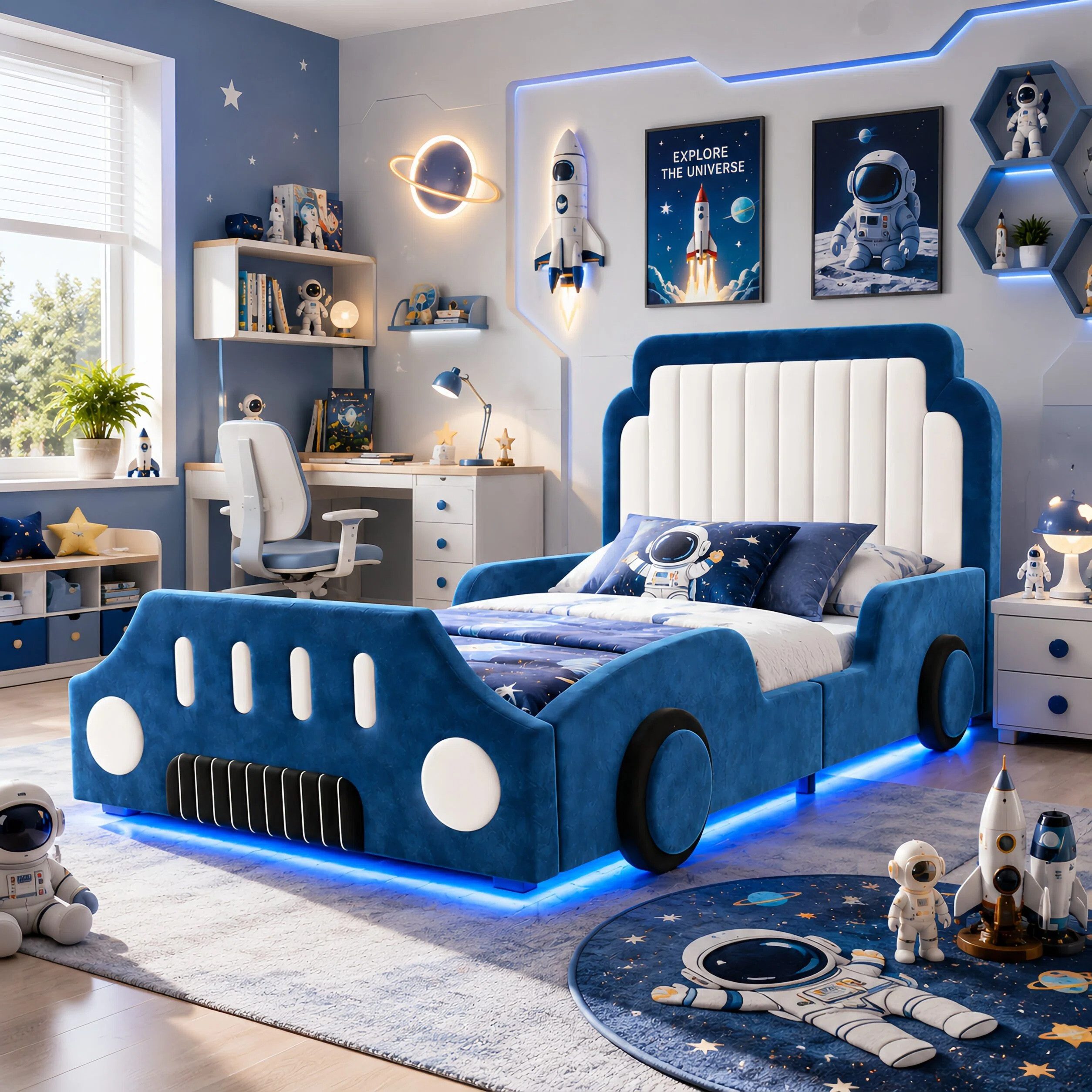 Flieks Autobett, Polsterbett Kinderbett 90x200cm mit Schutzgeländer und LED-Beleuchtung