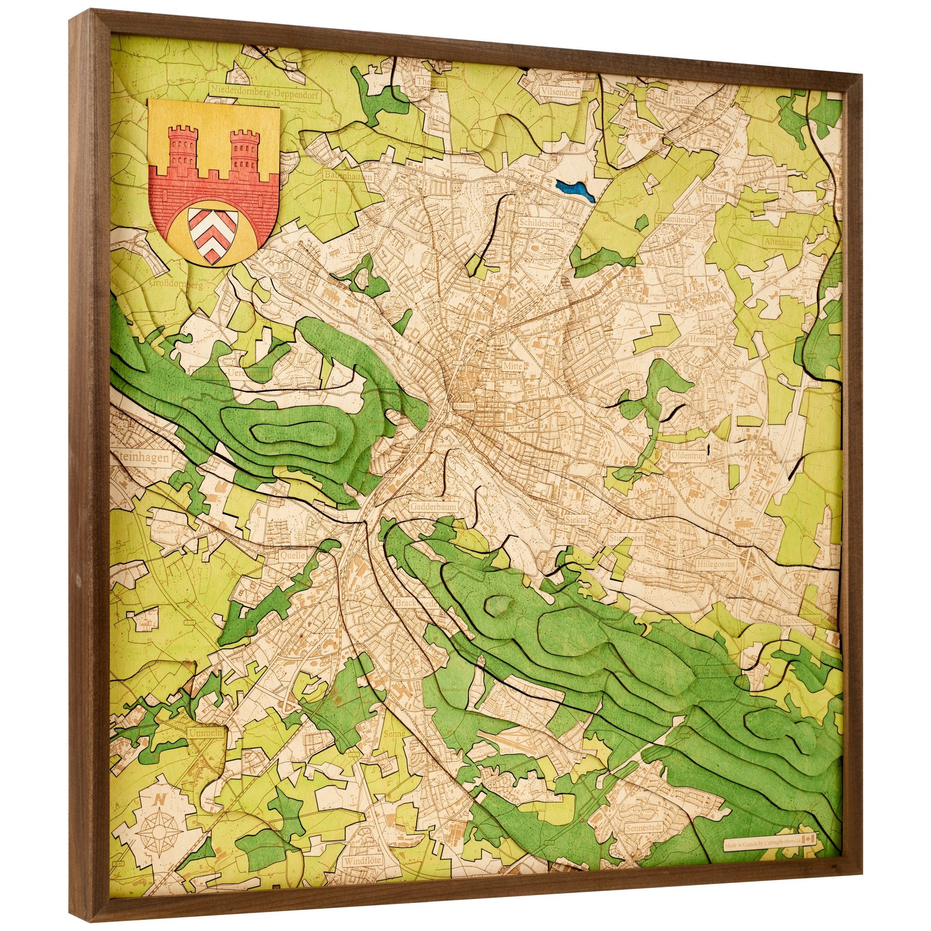 Cutting Brothers Holzbild Bielefeld 81x61 cm, 3D Holz-Wandkarte, handgefertigt aus Echtholz