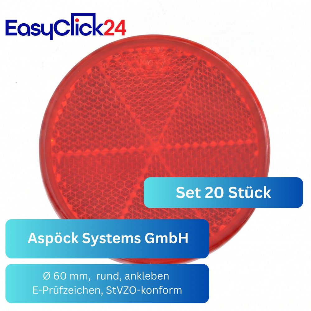 Aspöck Anhänger 20x Aspöck Rückstrahler rot Ø60mm selbstklebend E-Prüfzeichen Anhänger, E-geprüft