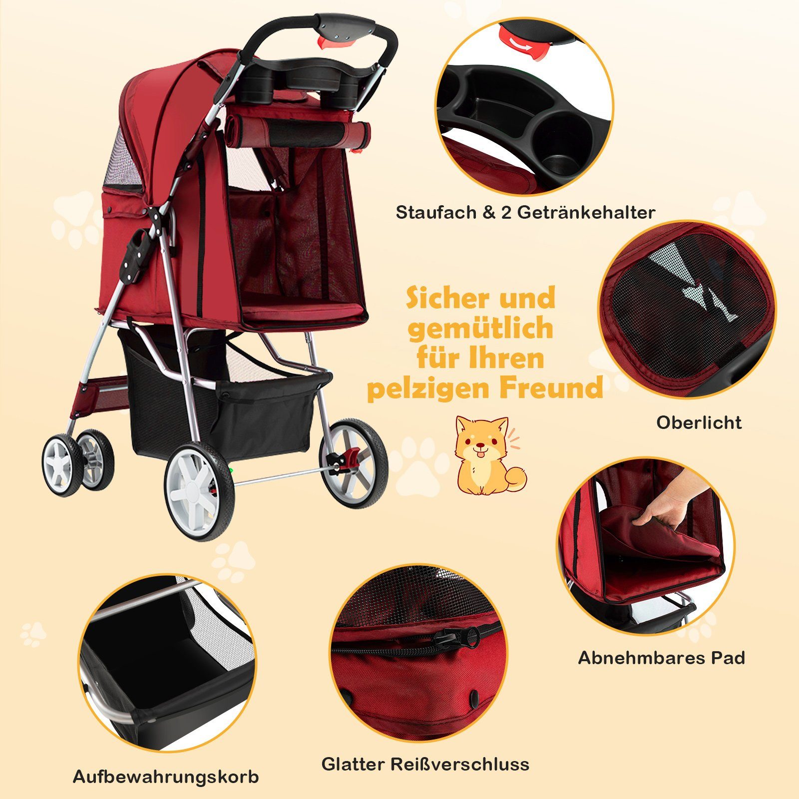 COSTWAY Hundebuggy Hundewagen, Tiertransportbox, mit Gitternetz, bis 15 kg