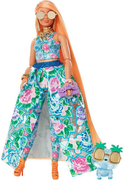 Barbie Anziehpuppe Extra Fancy im blauen Kleid mit Blumenmuster