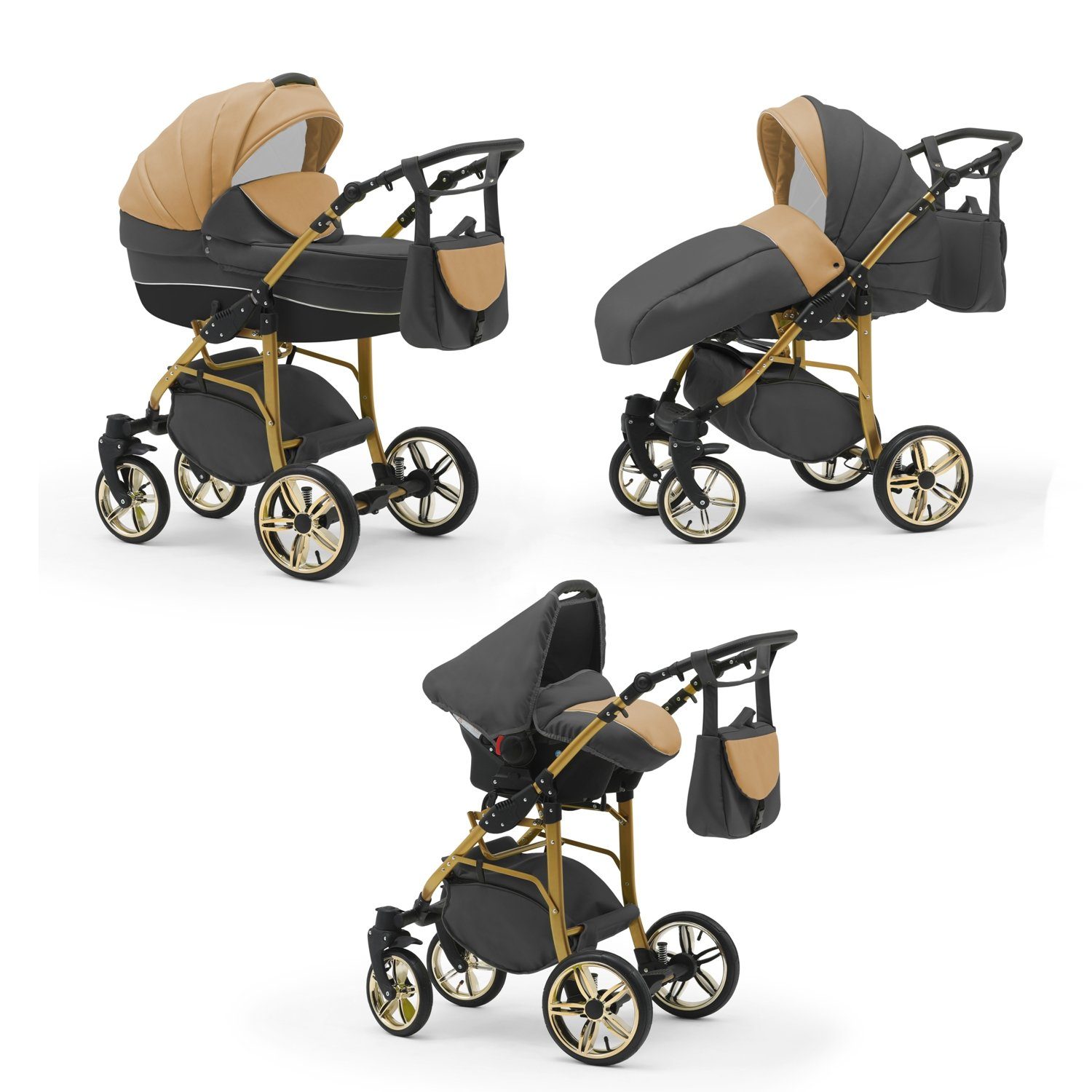 babies-on-wheels Kombi-Kinderwagen 3 in 1 Kinderwagen-Set Cosmo ECO Gold - 16 Teile - in 46 Farben Grau-Beige-Schwarz