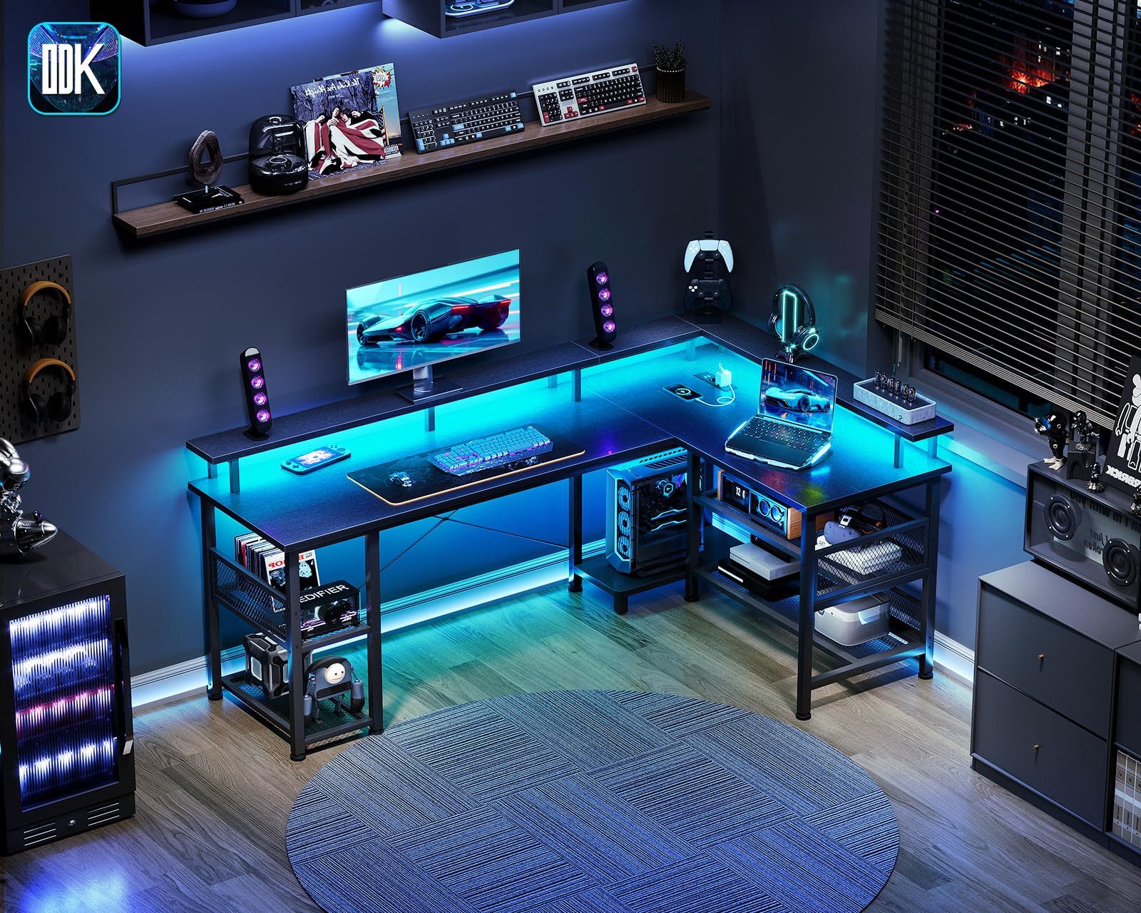 ODK Gamingtisch mit LED-Beleuchtung, 150cm Reversibler Eckschreibtisch, L-Form (1-St), Multifunktionaler Tisch mit Steckdosen & USB, Schwarzholz-Optik
