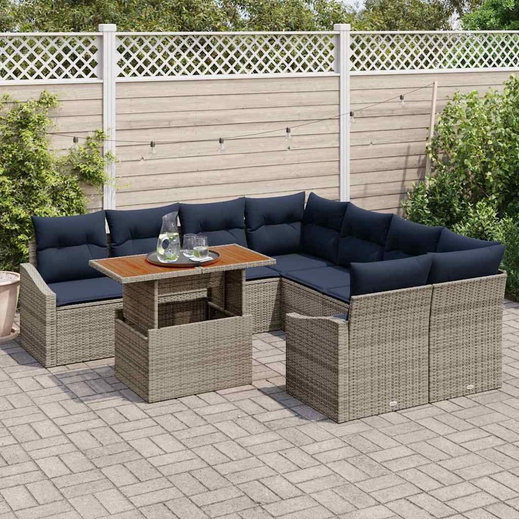 vidaXL Gartenlounge-Set Garten-Sofa-Set mit Speicher 9 pcs Grau Poly Rattan, (9-tlg)