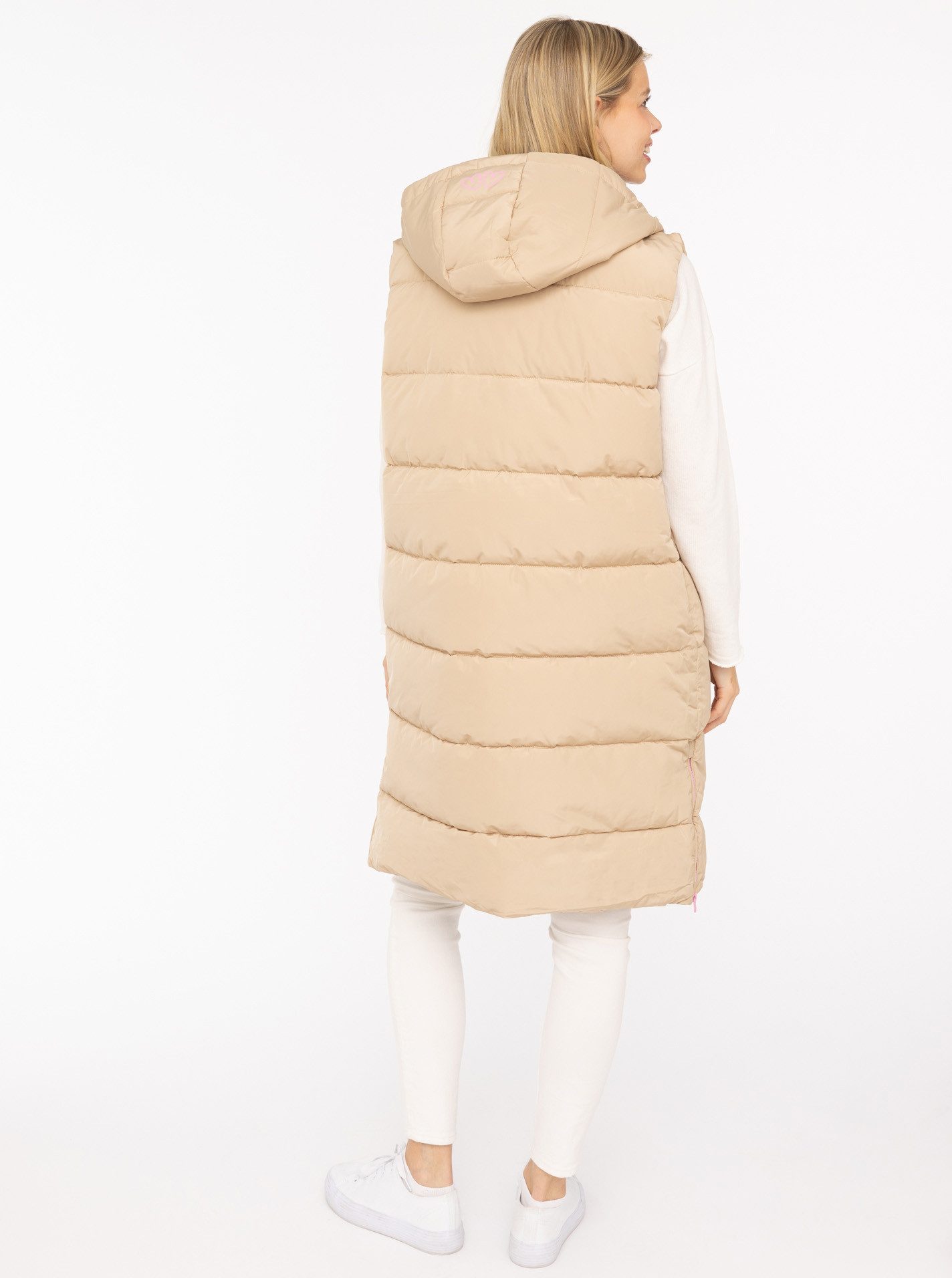 Zwillingsherz Steppweste "Wild Hearts" Leo-Muster, Taschen seitlich, modisch, Doppel-Zipper, extra lang