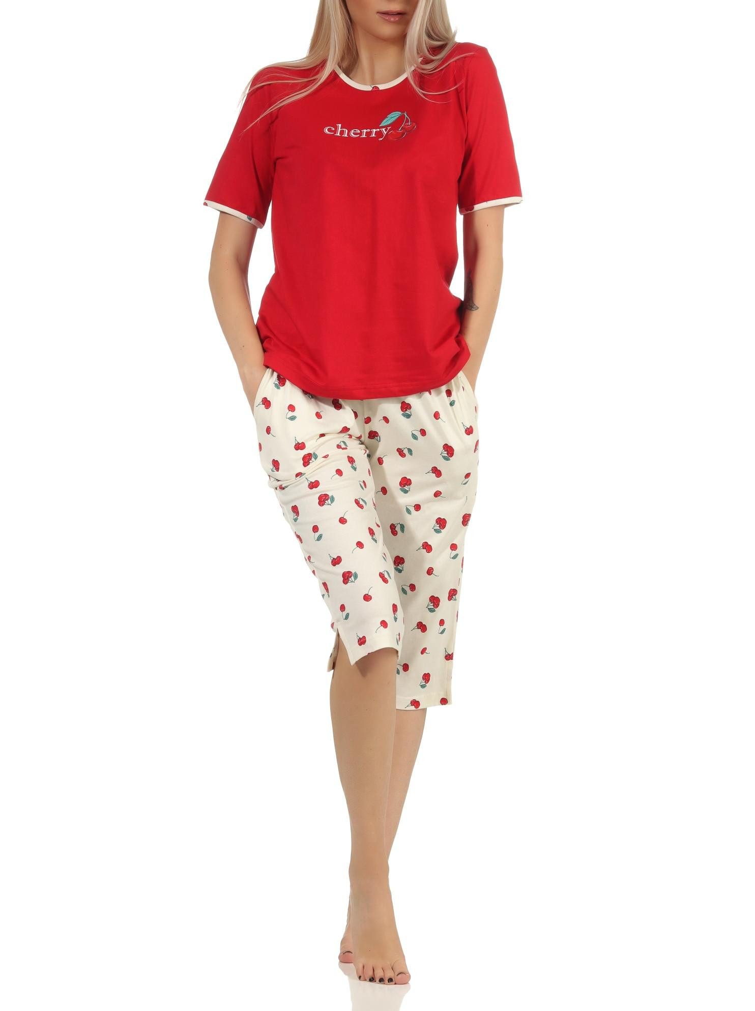 Normann Pyjama Süsser Damen Capri Schlafanzug kurzarm Pyjama mit Kirschen als Motiv