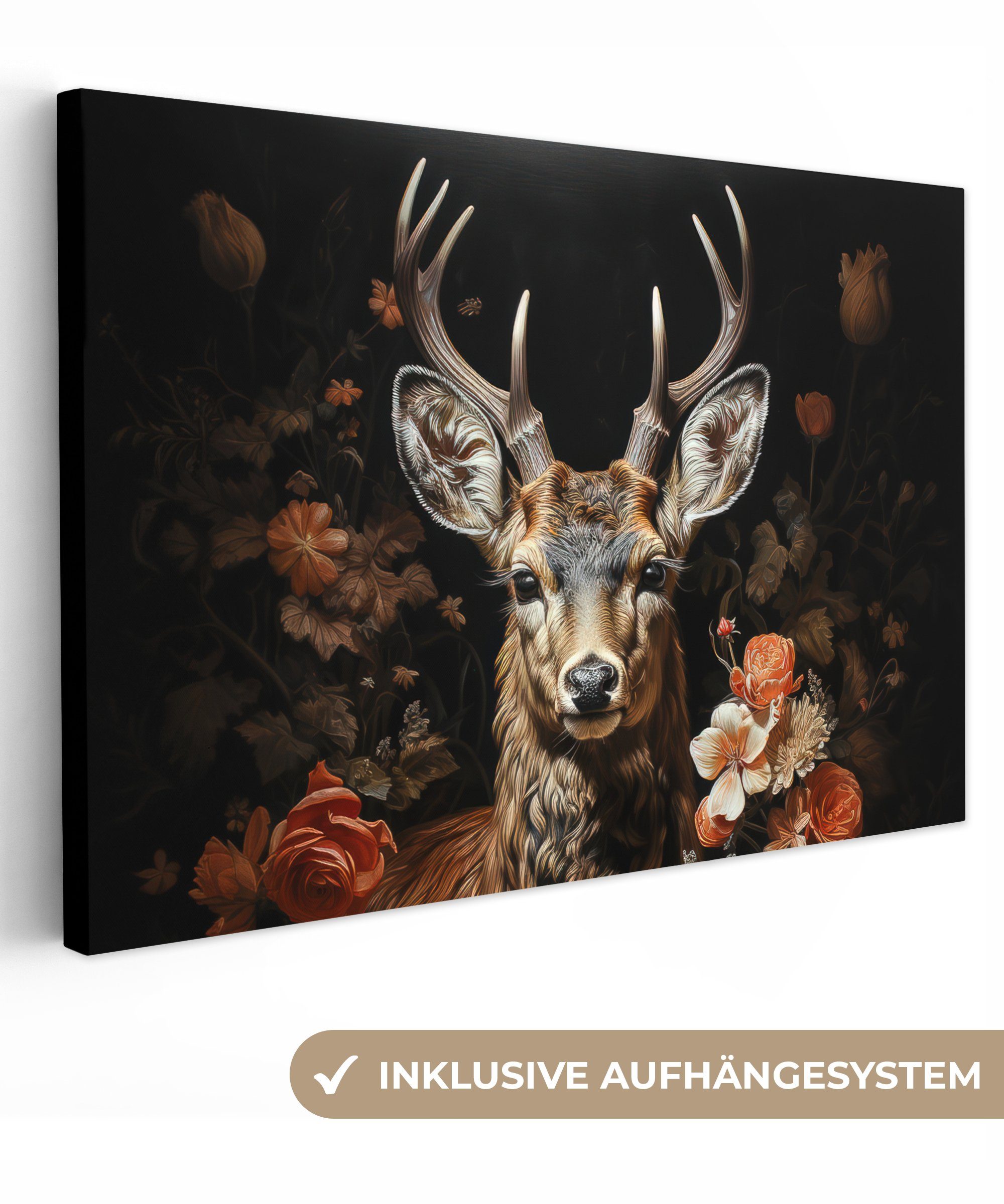 OneMillionCanvasses® Leinwandbild Hirsch - Tier - Blumen - Natur - Botanisc günstig online kaufen