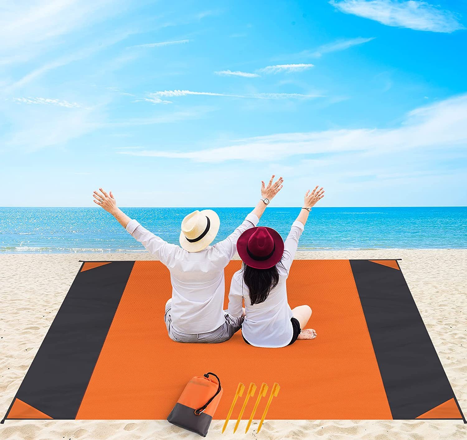 Picknickdecke Strandmatte Schnelles Trocknen Stranddecke 210 x 200 cm Wasserdicht, Homewit, Übergroße Sandabweisend Ultraleicht Campingmatte für 4-6 Person Orange