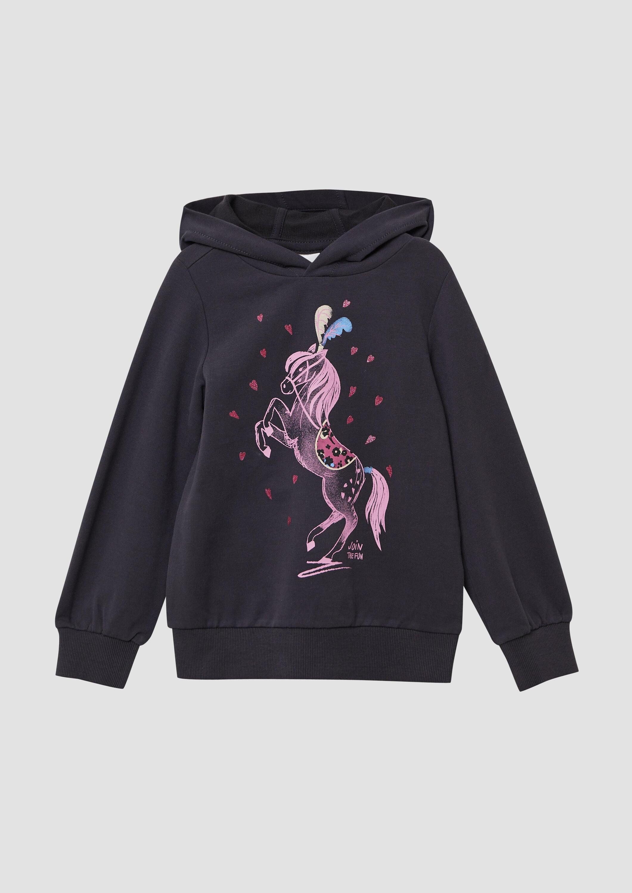 s.Oliver Sweatshirt Sweatshirt Hoodie mit Glitzer-Frontprint und kuscheliger Innenseite