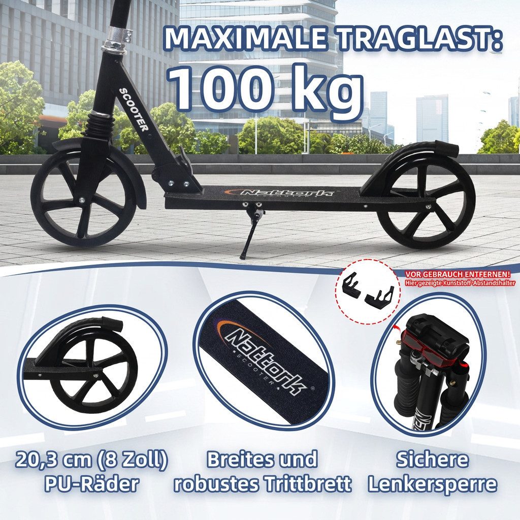 Nattork Scooter Klappbarer Kickscooter für Kinder und Erwachsene, bis 100 kg Traglast, (1 tlg), Stabiler Tretroller mit höhenverstellbarem Lenker, 8-Zoll PU-Räd – Bild 4 von 5