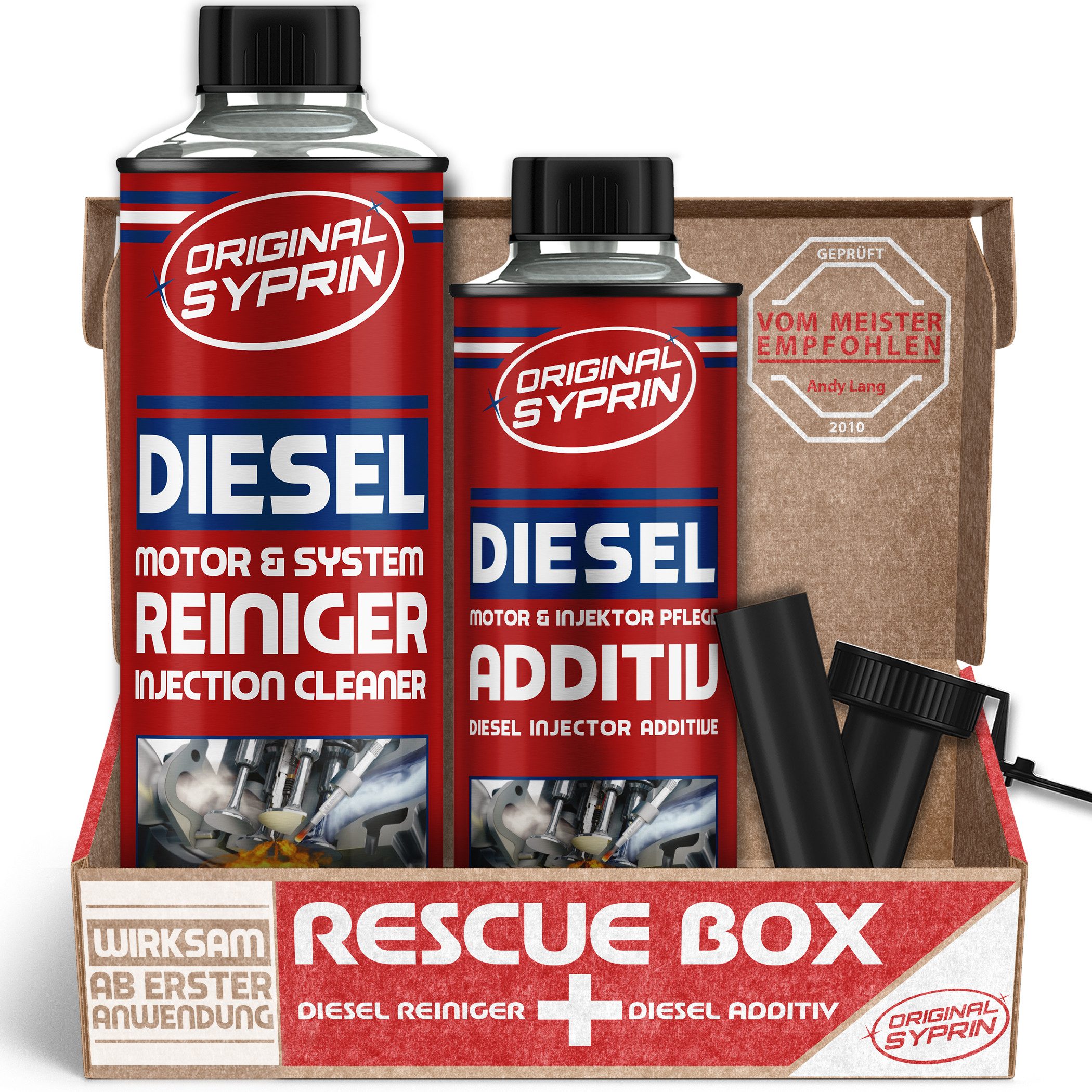 Original Syprin Diesel Additiv und Reiniger - Diesel Rescue Box, 0.750 l, (Pflegeset für alle Dieselmotoren, Umfassende Reinigung und Pflege, 1-St., Diesel Rescue Box) 2-in-1 Diesel Pflege-Set, reinigt Einspritzsystem und Motor