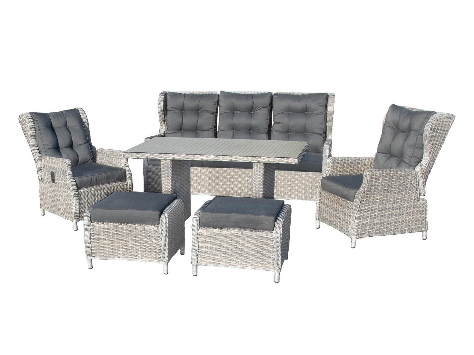 Green Spirit Loungeset Bilbao Polyrattan Sitzgruppe 7 Personen, Dininglounge Set Sitzgruppe, (Set, 6-tlg., 1 Sofa, 2 Sessel, 2 Hocker, 1 Tisch, inkl. Auflagen), Polyrattan, grau, 7 Personen, wetterfest, Garten, Terrasse, Outdoor