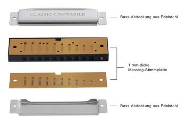 Classic Cantabile Mundharmonika AHB-250, E-Dur, (Inkl. Box & Pflegetuch), 10 Phosphor-Bronze Stimmzungen - Edelstahlgehäuse