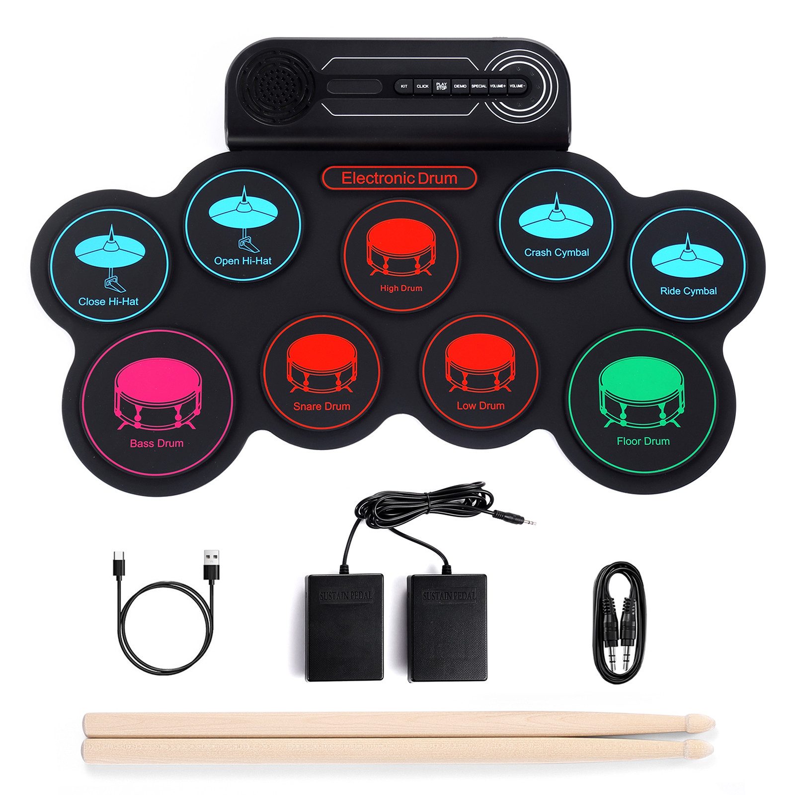 Fine Life Pro Schlagzeug Tragbares Elektronisches Schlagzeug –, 9 Drum Pads mit Metronom & Pedalsteuerung, 8 Demo-Stücke, Wiederaufladbarer Akku für Anfänger & Profis