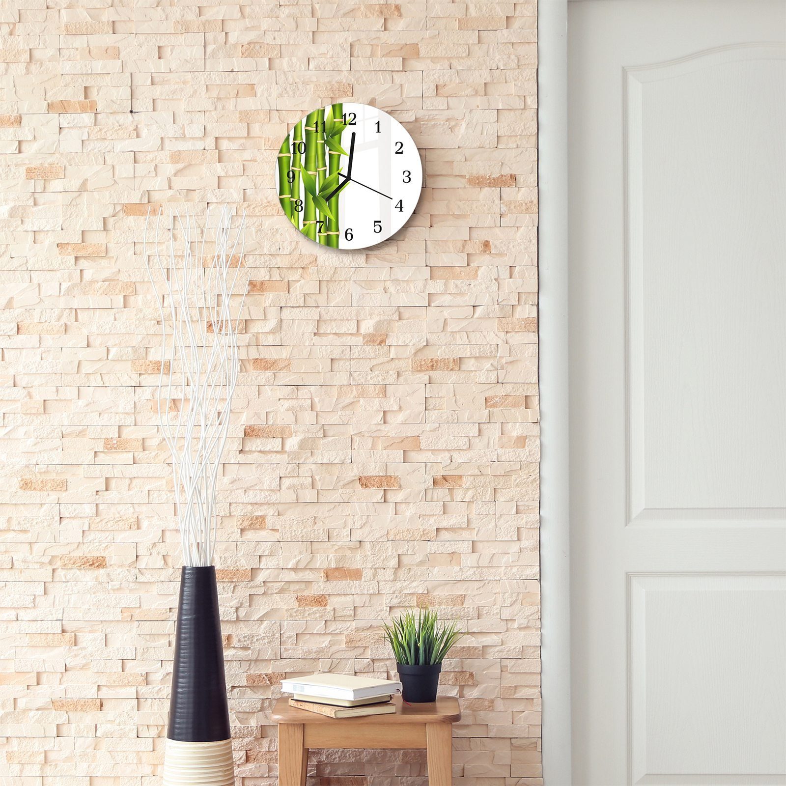 Primedeco Wanduhr Wanduhr aus Durchmesser Bambusstangen und mit cm mit Glas - Motiv Rund Quarzuhrwerk 30