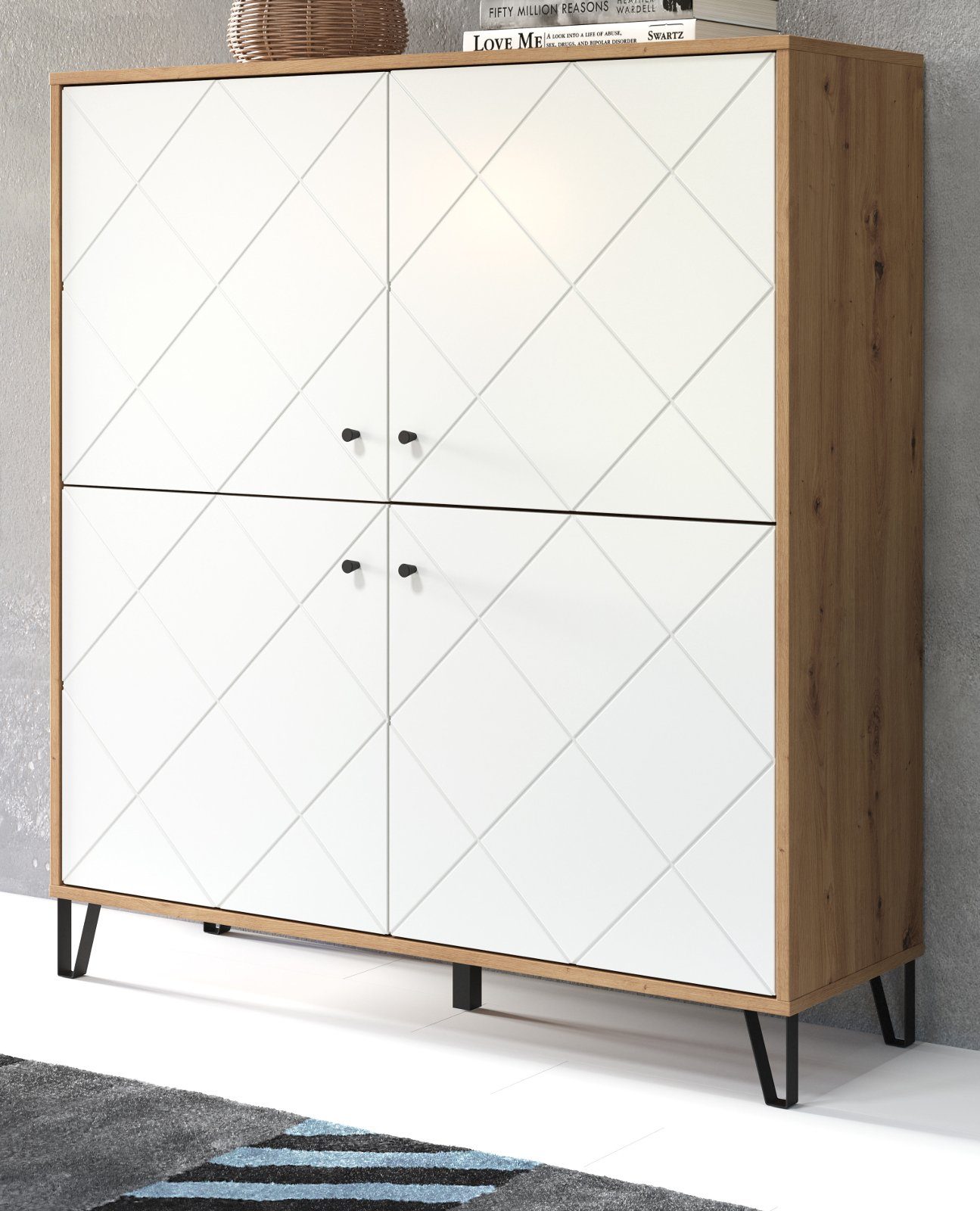 Furn.Design Highboard Tough (Kommode in Artisan Eiche und weiß, 4-türig, 123 x 136 cm), mit Soft-Close