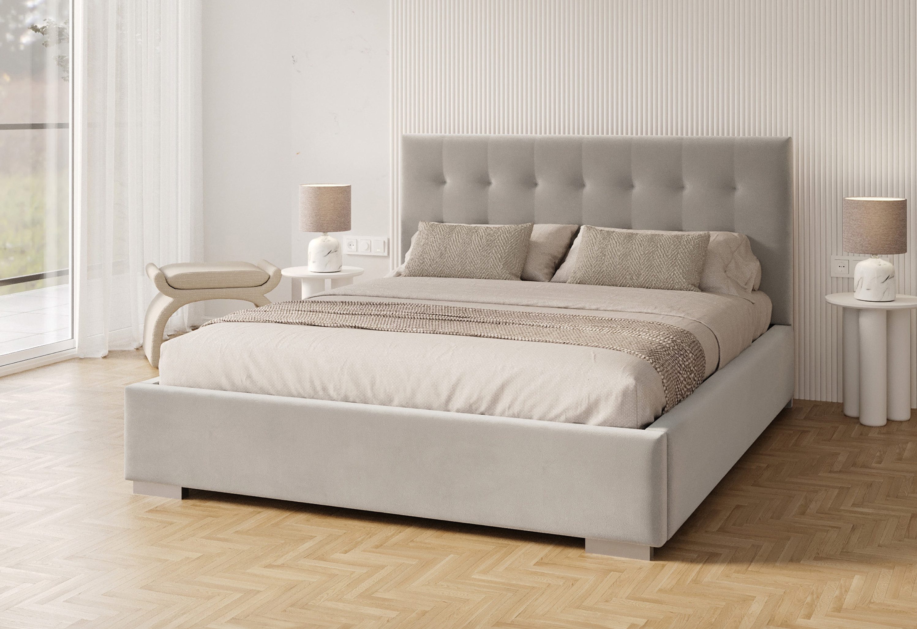 FDM Polsterbett GRACE modern mit Bettkasten MADE IN EU - mit hochwertigem Paris Bezug (verfügbar 90x200 120x200 140x200 160x200 180x200cm, Bettrahmen, Bett, mit großen gepolsterten Kopfteil, mit Bettkasten zum aufklappen), Hebbarer Metallrahmen, Bettkasten, Matratze wählbar