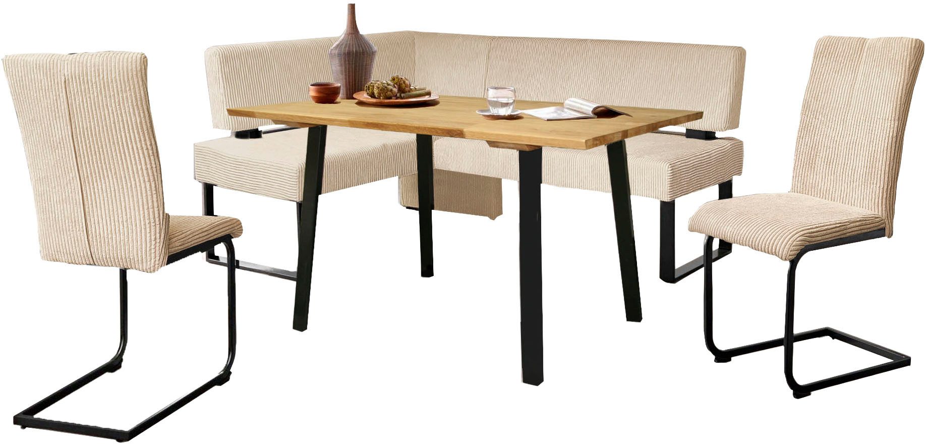 OTTO home Eckbankgruppe Oliver, (Set, 4-tlg., 4-tlg), Eckbank mit Wellenunterfederung im Sitz, Tisch Massiv Eiche