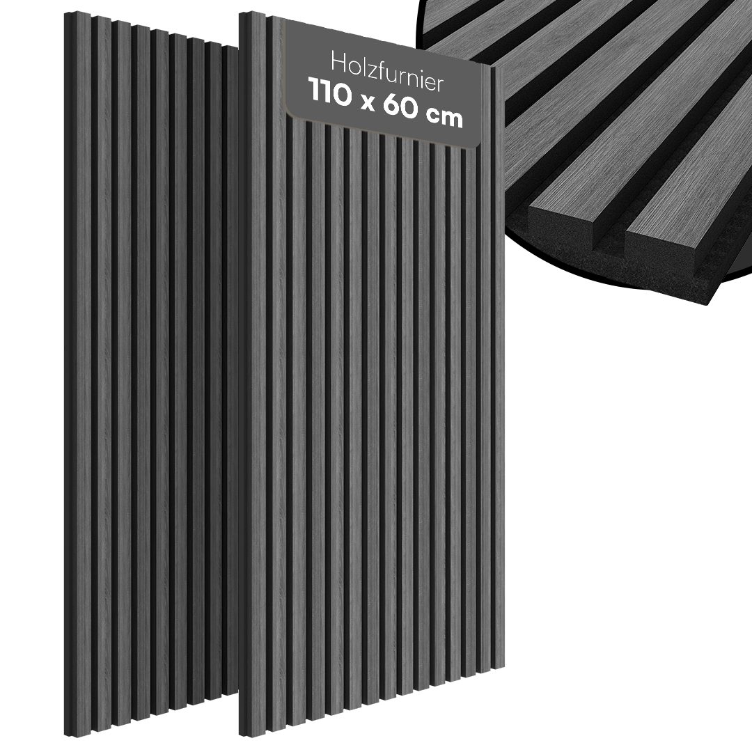 Bellamio Wandpaneel Kilwa, Akustikpaneel Holzoptik, BxL: 60x110 cm, 0,66 qm, (Dunkelgrau, 2-tlg) 3D Lamellenwand schallabsorbierend, in verschiedenen Größen verfügbar