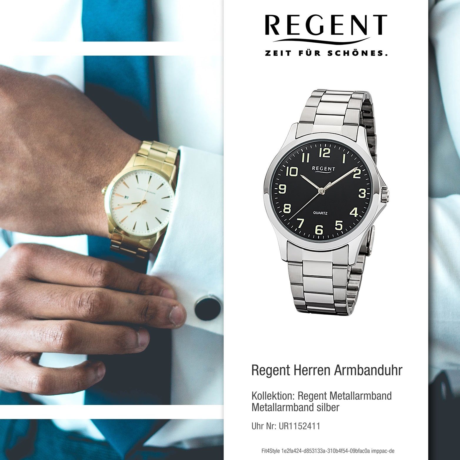 Quarzuhr Regent rundes Gehäuse, Herrenuhr Uhr Regent Metallarmband 39mm) Herren 1152411, (ca. Metall silber, mittel