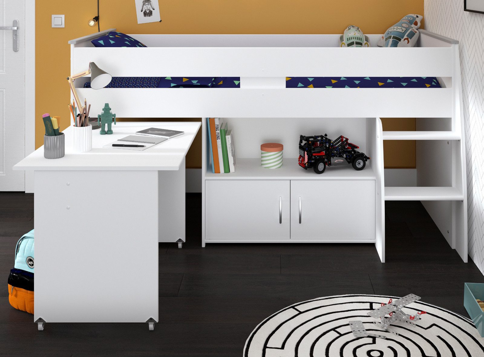 Parisot Hochbett Releave (Kinderbett in weiß mit Schreibtisch, 90 x 200 cm) kein Lattenrost erforderlich