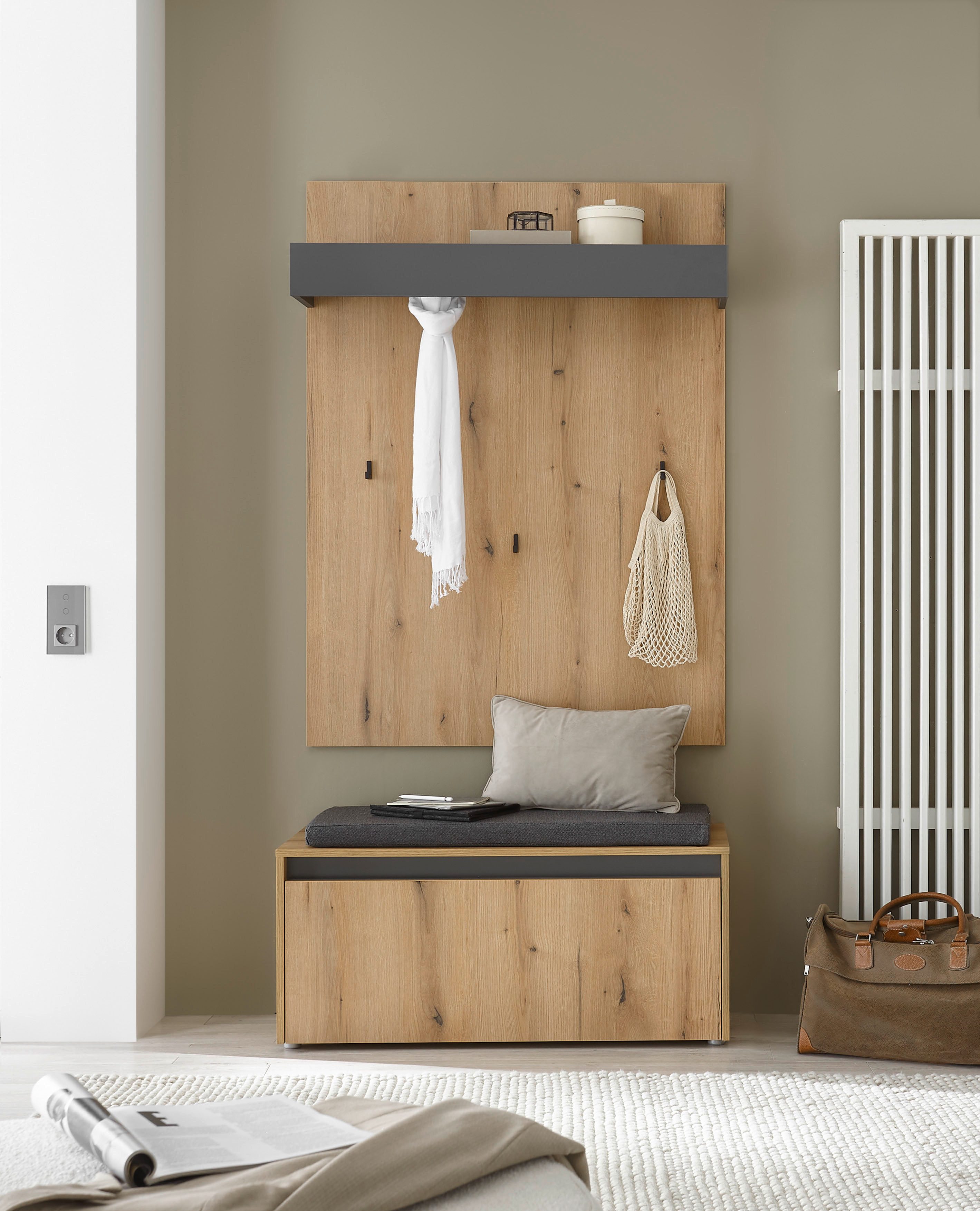 Home affaire Garderoben-Set GIRON/CiTY, moderne Garderobe, Komplettset mit viel Stauraum, (Komplett-Set, 2-St), enthält Garderobenpaneel & Schuhbank inkl. Sitzkissen, 100 cm breit