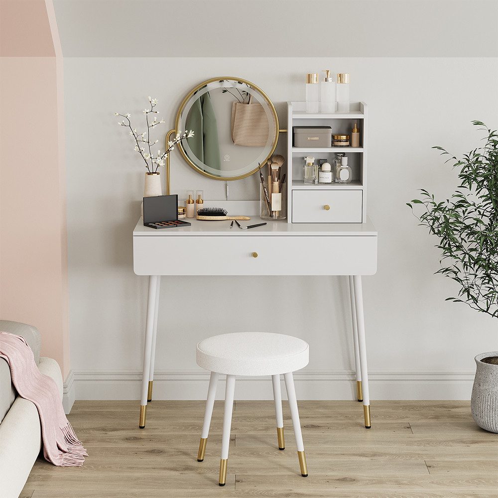 Vicco Schminktisch Mirela, Weiß, 90 cm mit LED-Spiegel und Hocker günstig online kaufen