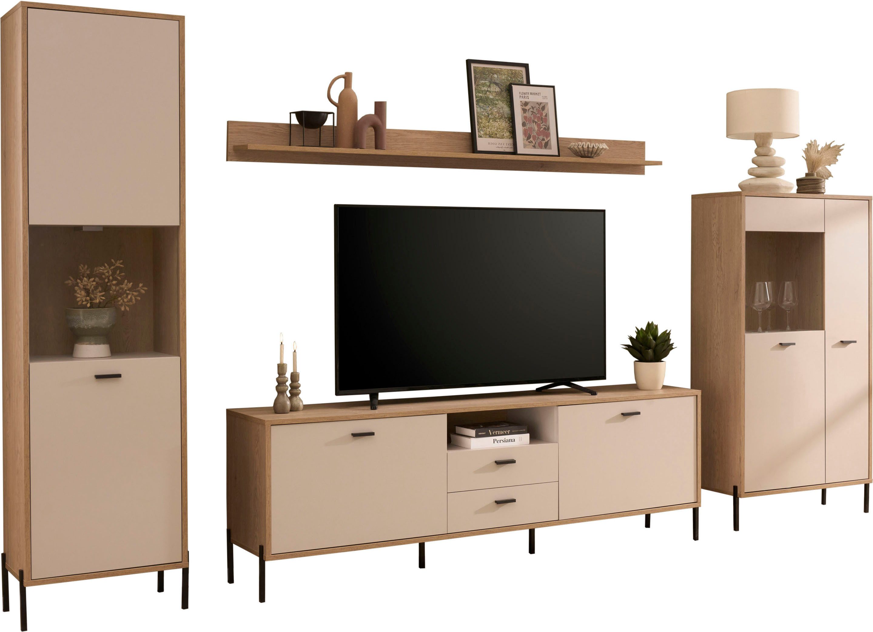 Home affaire Wohnwand Fredericia, moderne Anbauwand, Komplettset in Kaschmir, (Set, 4-St), enthält zwei Vitrinen, Lowboard und Wandboard, 349 cm breit