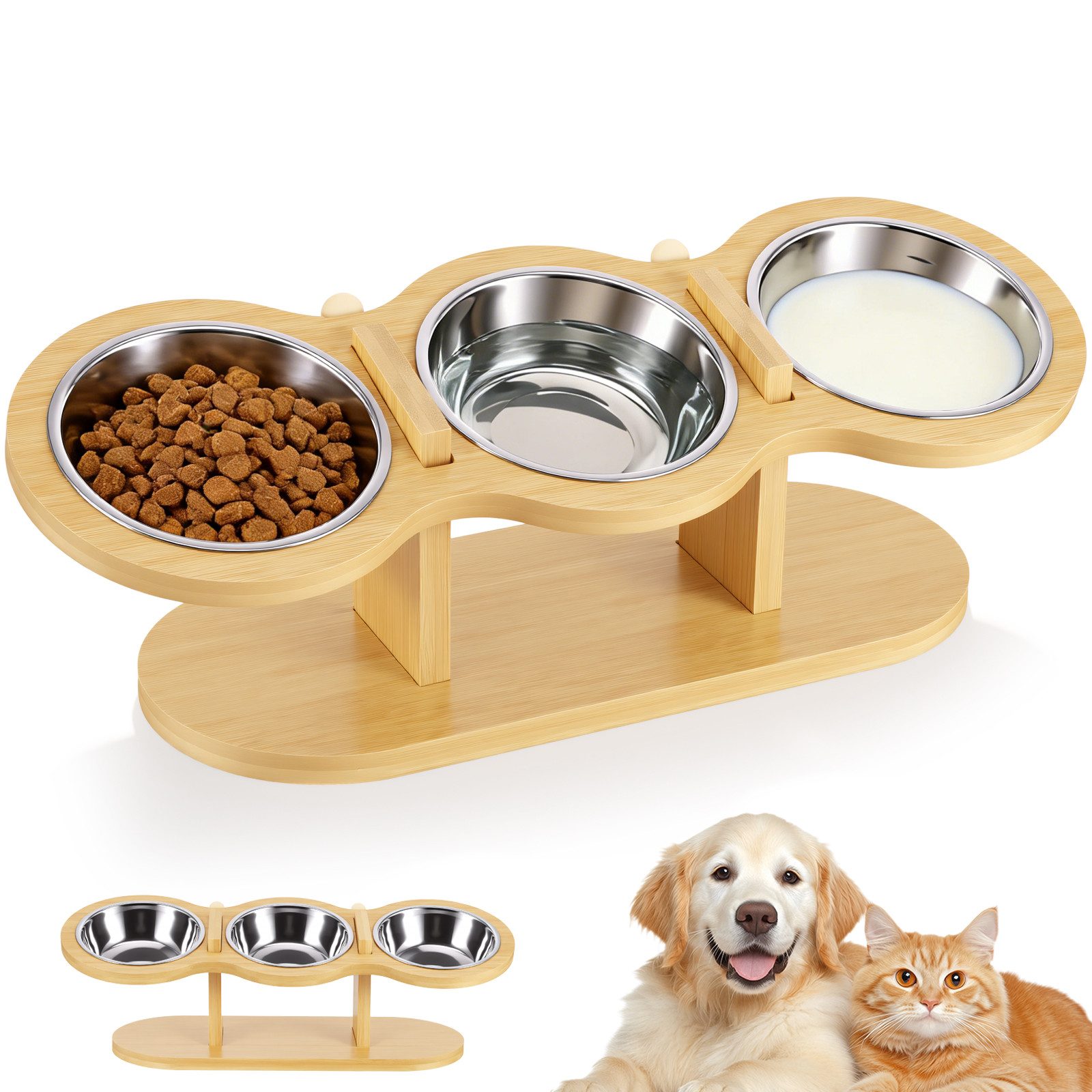 BlingBin Futternapf Katzennapf Erhöht Futterstation Katzen mit 3 Edelstahl Schüsseln, Edelstahl, 15° Gekippte Ergonomischer Futterstation Höhe Verstellbar Fressnapf