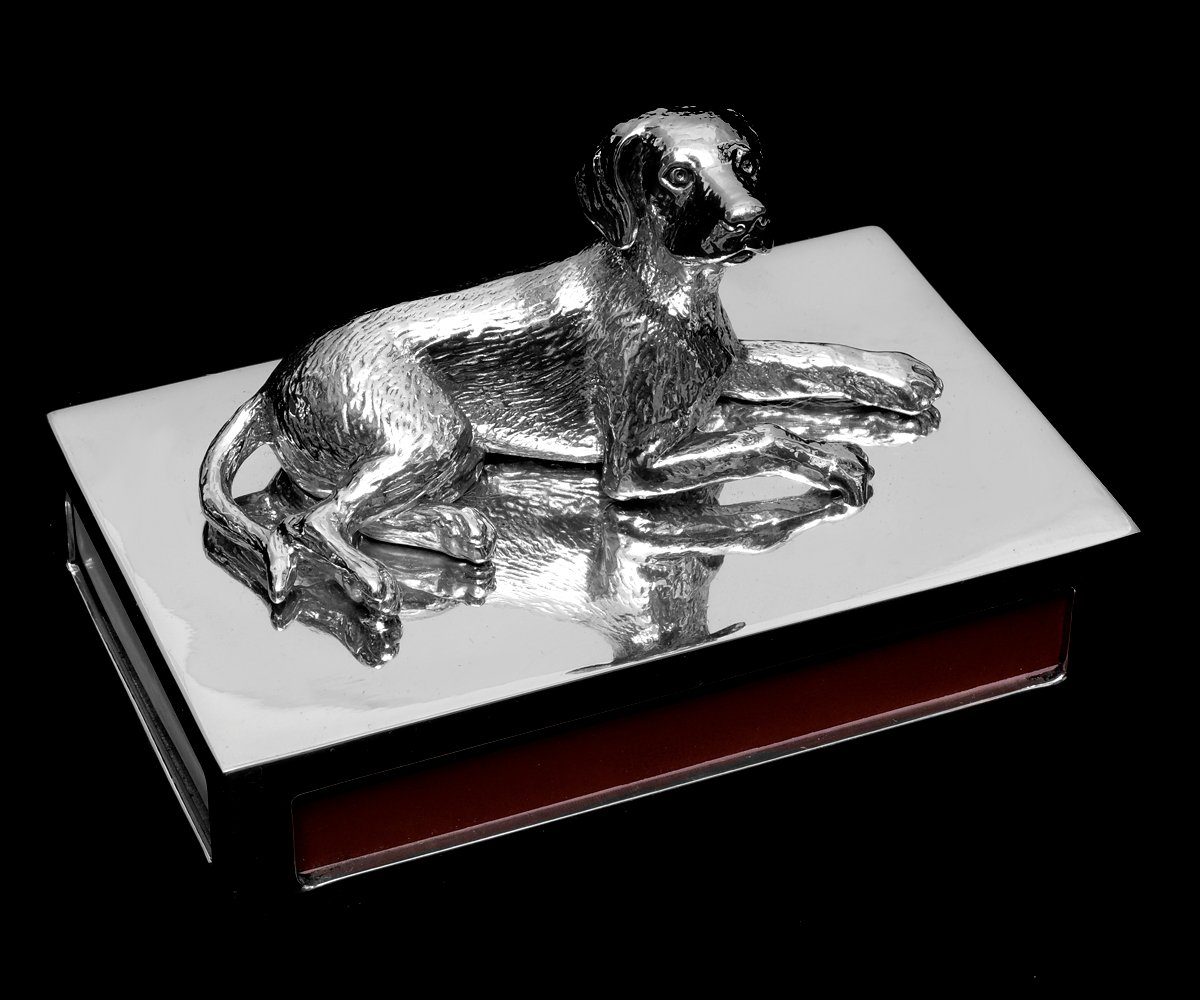 Brillibrum Etui mit Streichholz-Box mit aus Streichholzschachtel Jagdhund Figur Zinn dekorativer Metall Zündhölzer Edle
