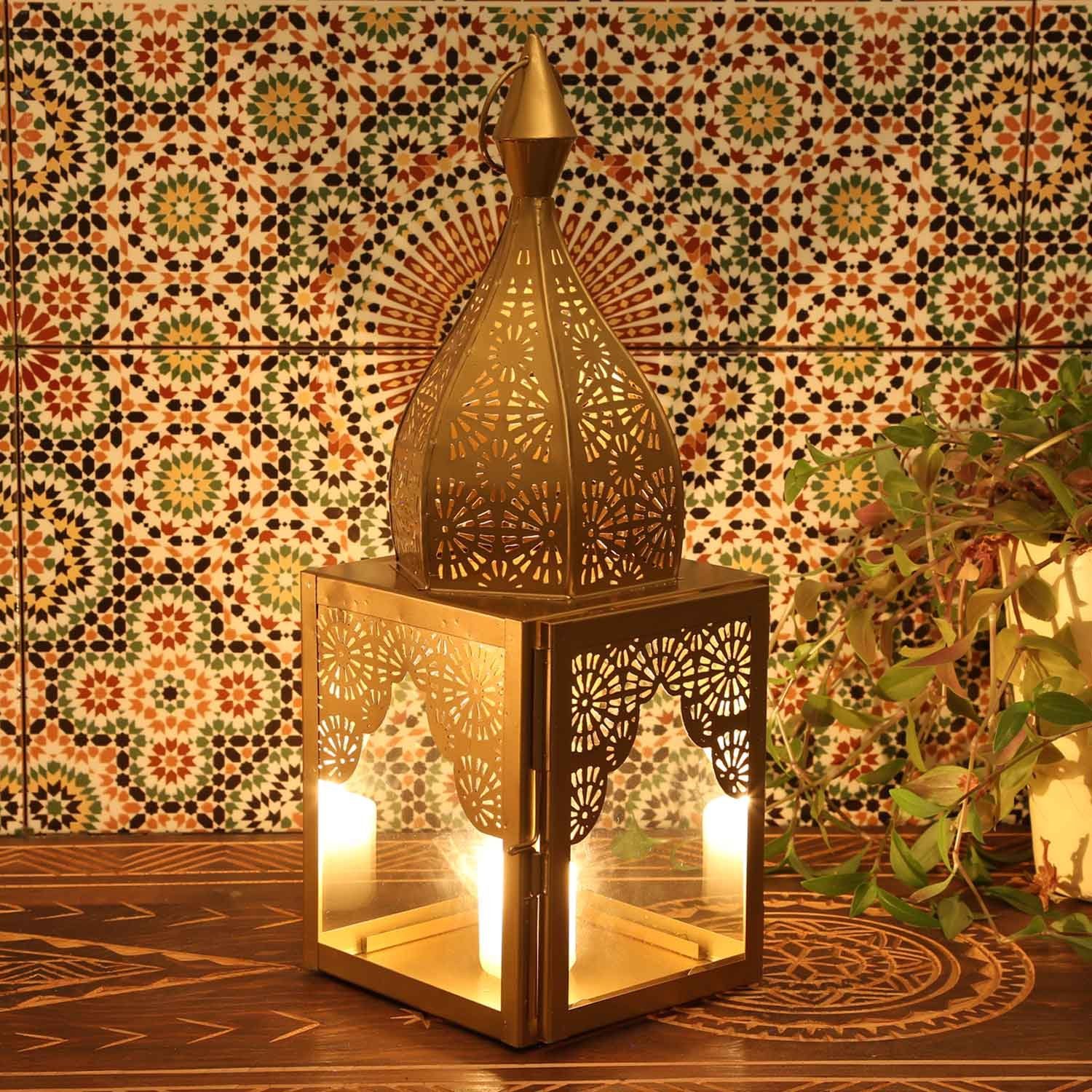 Windlicht in Form, Laterne Wohn-Deko M & Kunsthandwerk Modena Gold Metall Orientalisches Casa Weihnachten, Windlicht Glas 45cm Moro IRL650, aus Minaretten Marokkanische Kerzenhalter, Höhe