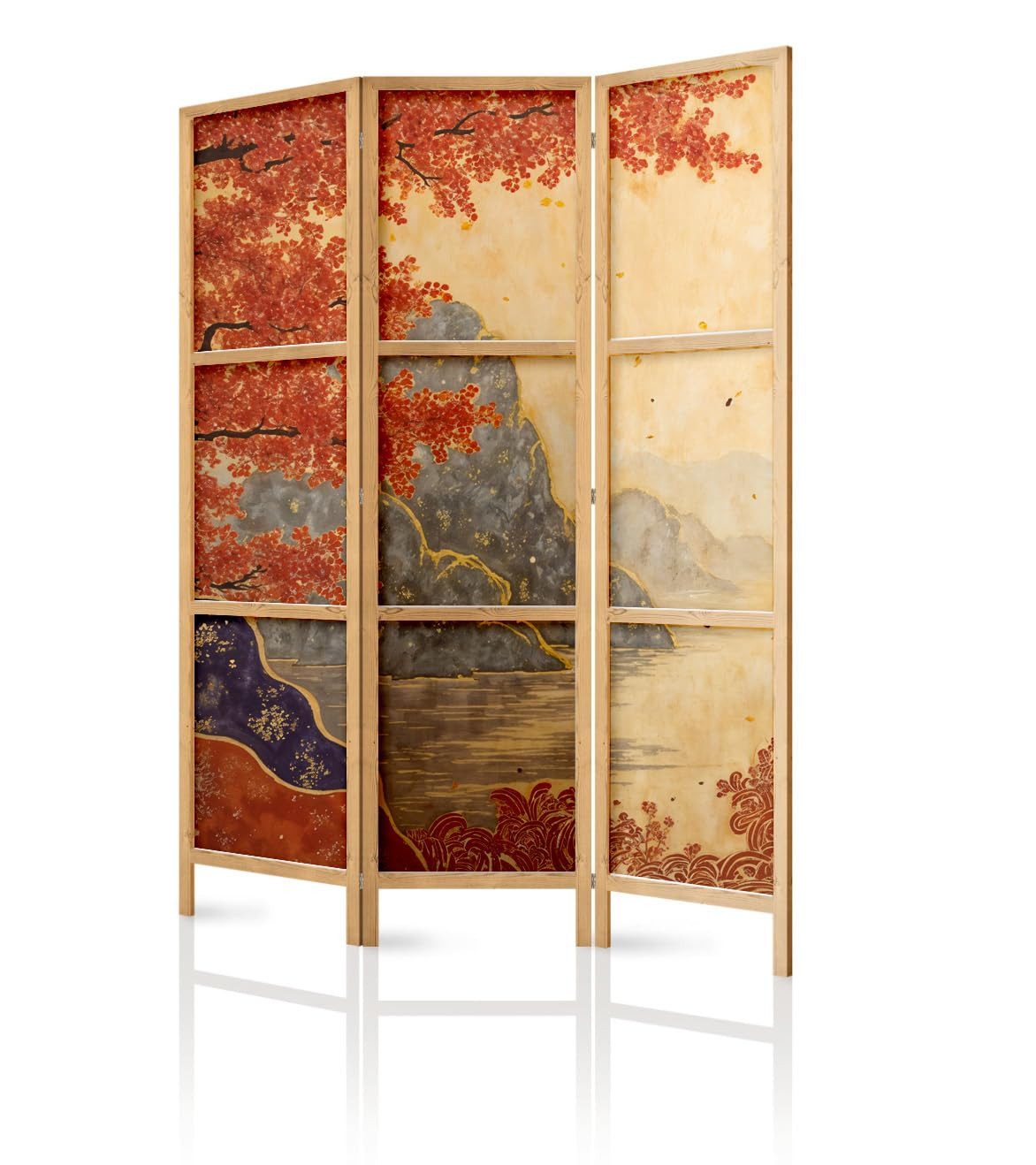 framed concept Paravent, Raumteiler Holz Japan-Motiv, 135x172 & 225x172 cm, einseitig