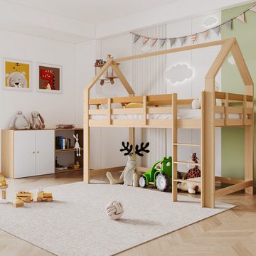 NMonet Hochbett Kinderbett Etagenbett 90x200cm Hausbett aus Massivholz, mit Schrank, 2 Regale und Treppe, Bettrahmen