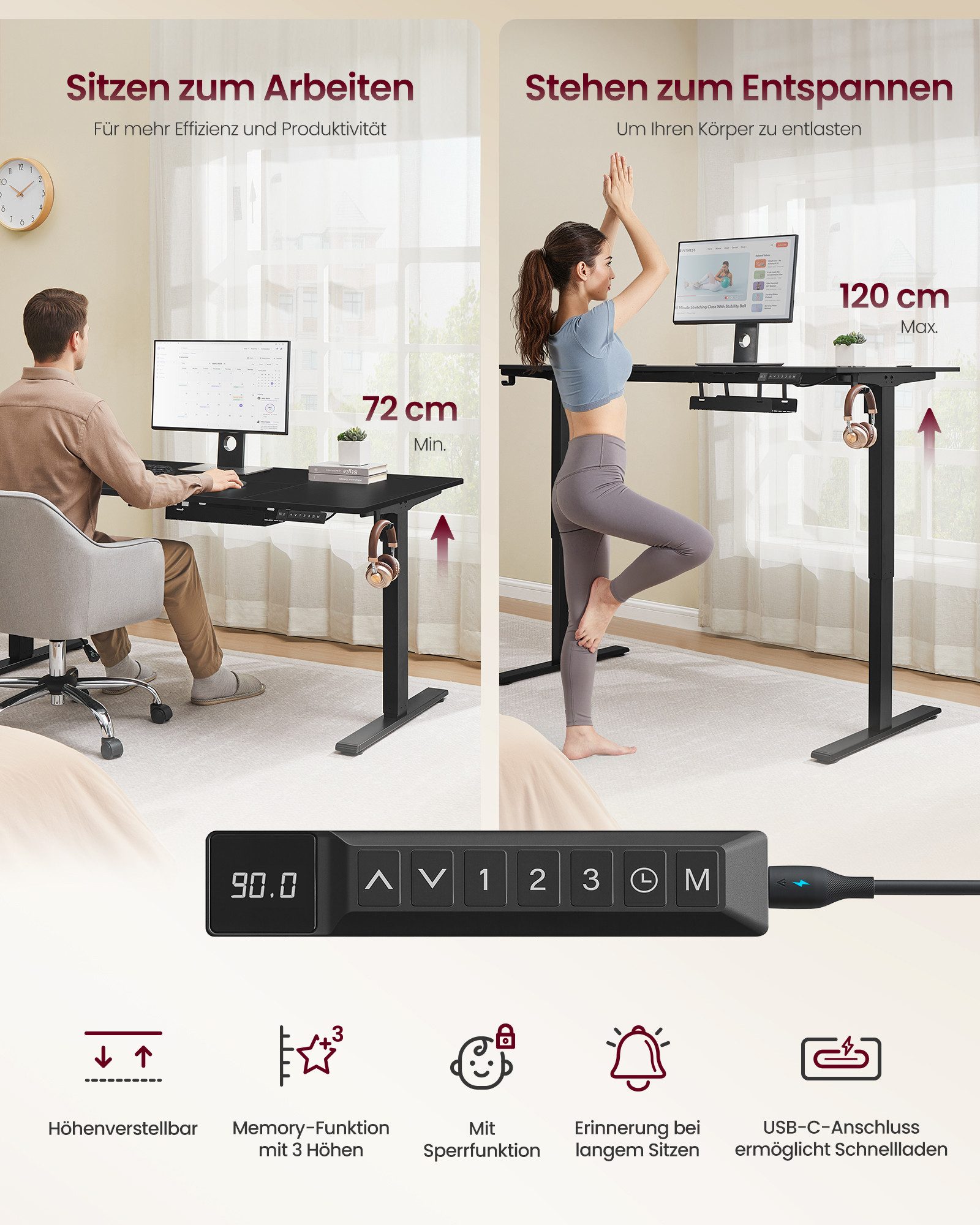 VASAGLE Schreibtisch Höhenverstellbarer, USB-C-Anschluss, Erinnerung bei langem Sitzen, 140 x 80 cm, für Büro, Ablage für Steckdosenleiste, bei langem Sitzen – Bild 5 von 5