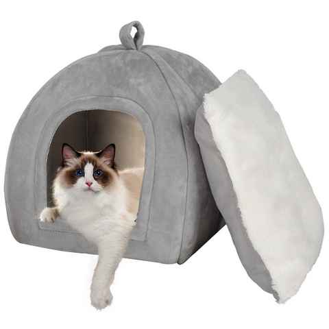 radelldar Tierbett Katzenhöhle Katzenbett flauschig Samt mit Katzenkissen 42x42x45cm, samt, Katzenhaus waschbar klappbar mit Handle