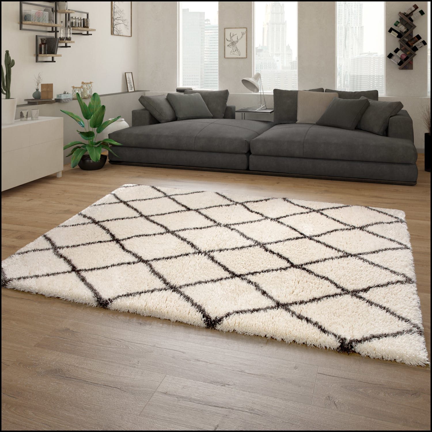 KADIMA DESIGN Teppich Rautenmuster Schlafzimmer schmutzabweisend Hochflor T günstig online kaufen