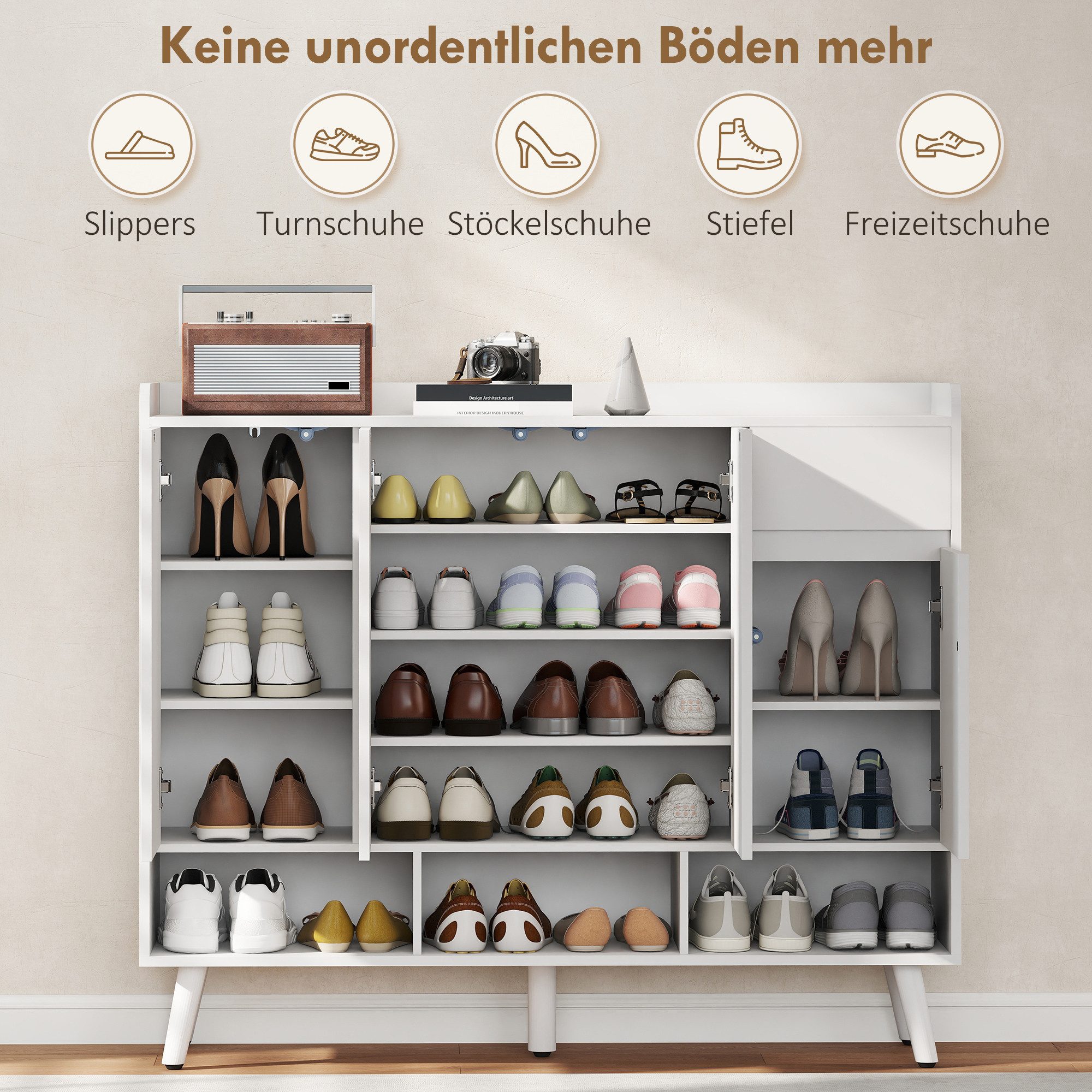 HOMCOM Schuhschrank Schuhregal mit 4 Türen, Druck zum Öffnen-Design, Schublade (Schuhkommode, 1-St., Schuhaufbewahrung) verstellbare Regale, Weiß – Bild 4 von 5