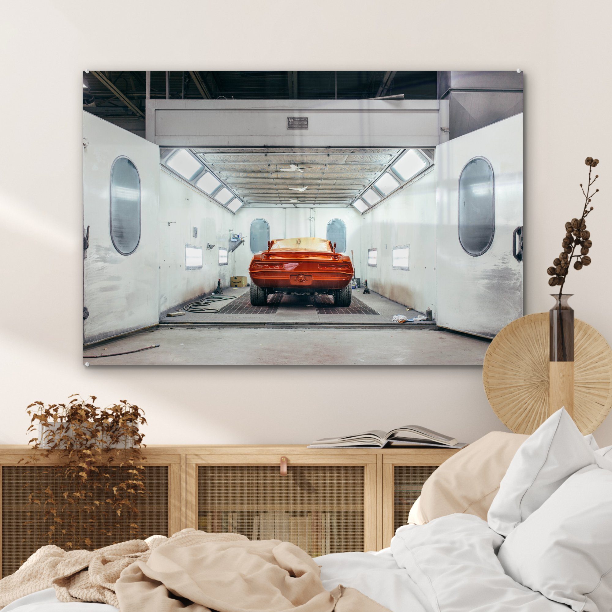 Auto Wohnzimmer - Rot, Schlafzimmer - Acrylglasbilder MuchoWow St), (1 Autowaschanlage & Acrylglasbild