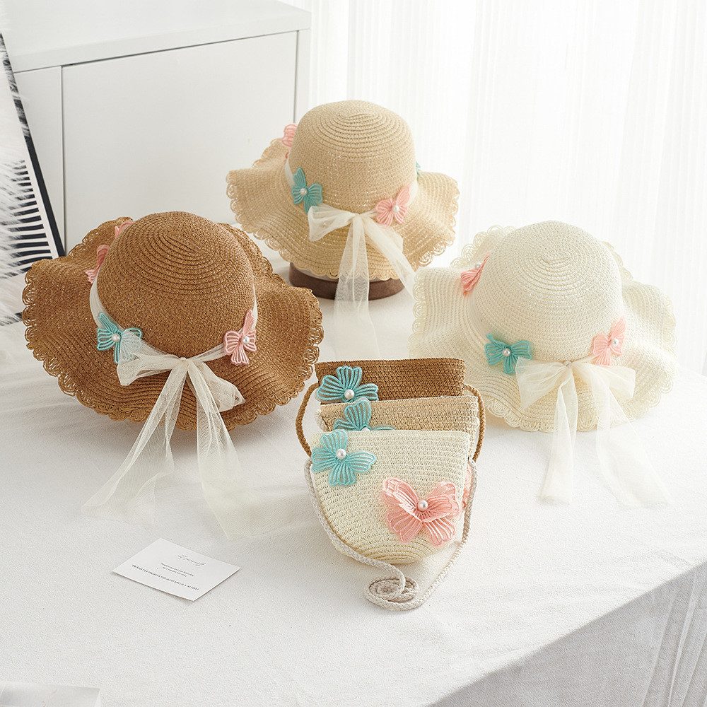 Coonoor Sonnenhut Strohhut-Set für Kinder: Süßer Sommerhut und Strohtasche für Mädchen Reisehut mit Blumen-Dekoration für Strand, Urlaub