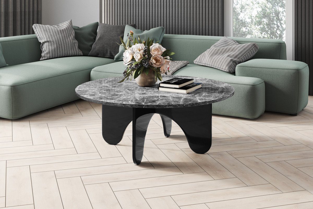 designimpex Couchtisch Design HRL-111 Hochglanz Wohnzimmertisch Rund Tisch ?100 cm x 40 cm Marmor dunkel / Schwarz Hochglanz