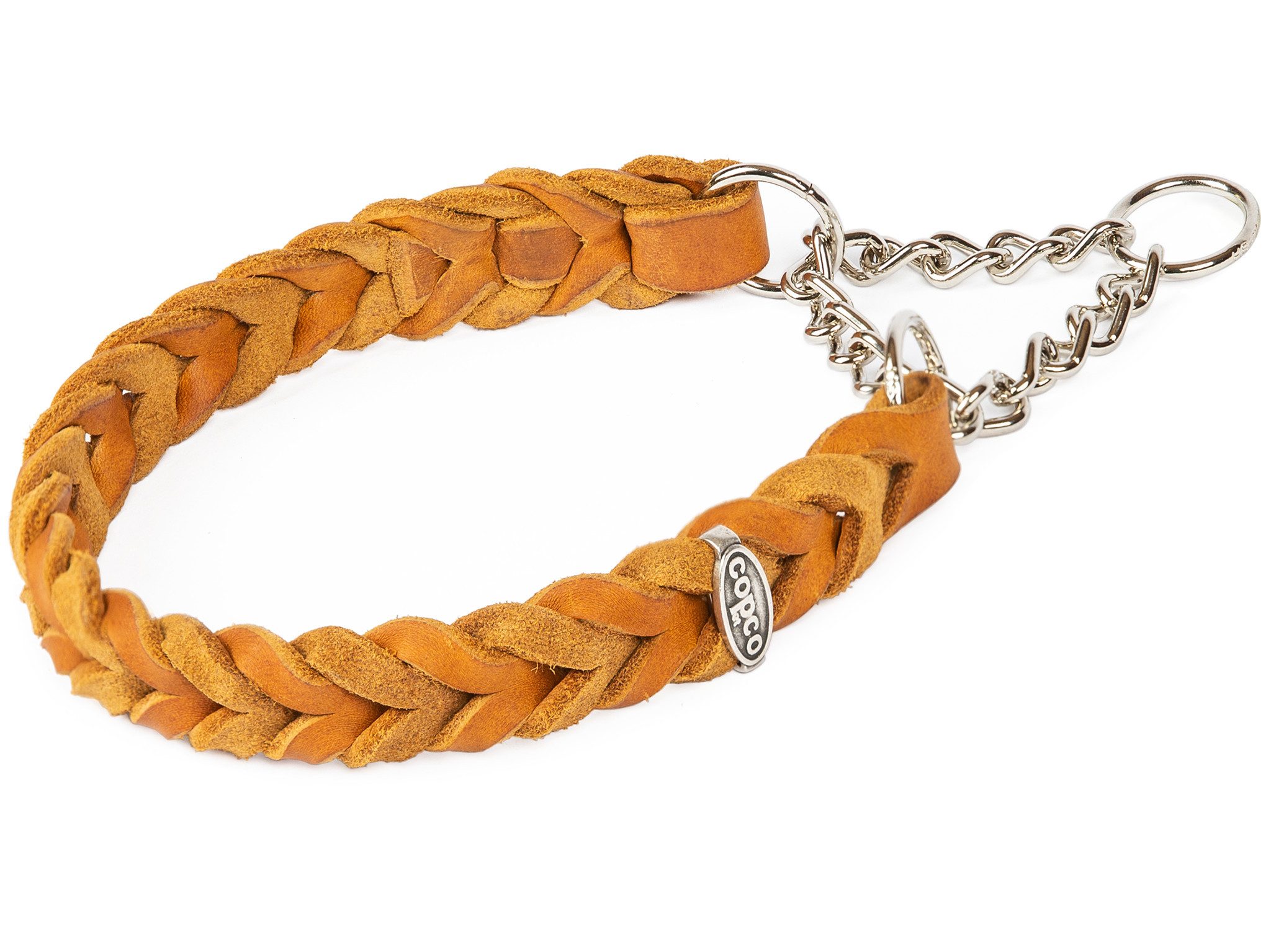 CopcoPet Hunde-Halsband Fettleder Halsband geflochten mit verchromter Zugstopp Kette, Leder, Leder, Geflochten, Handarbeit