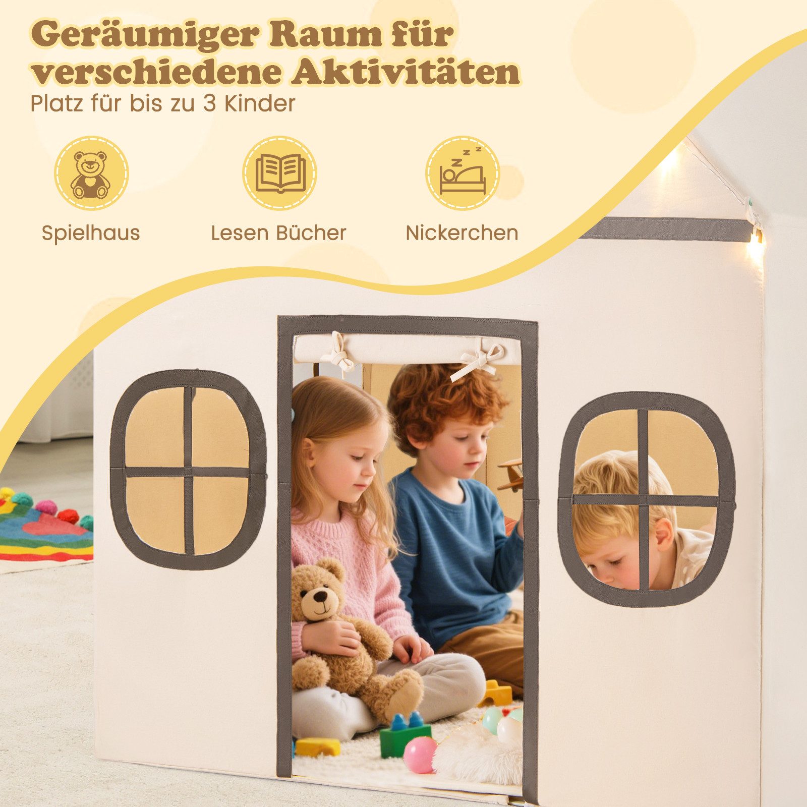 COSTWAY Spielzelt Kinderzimmer, Kinderzelt mit Türvorhang & Sternlichter