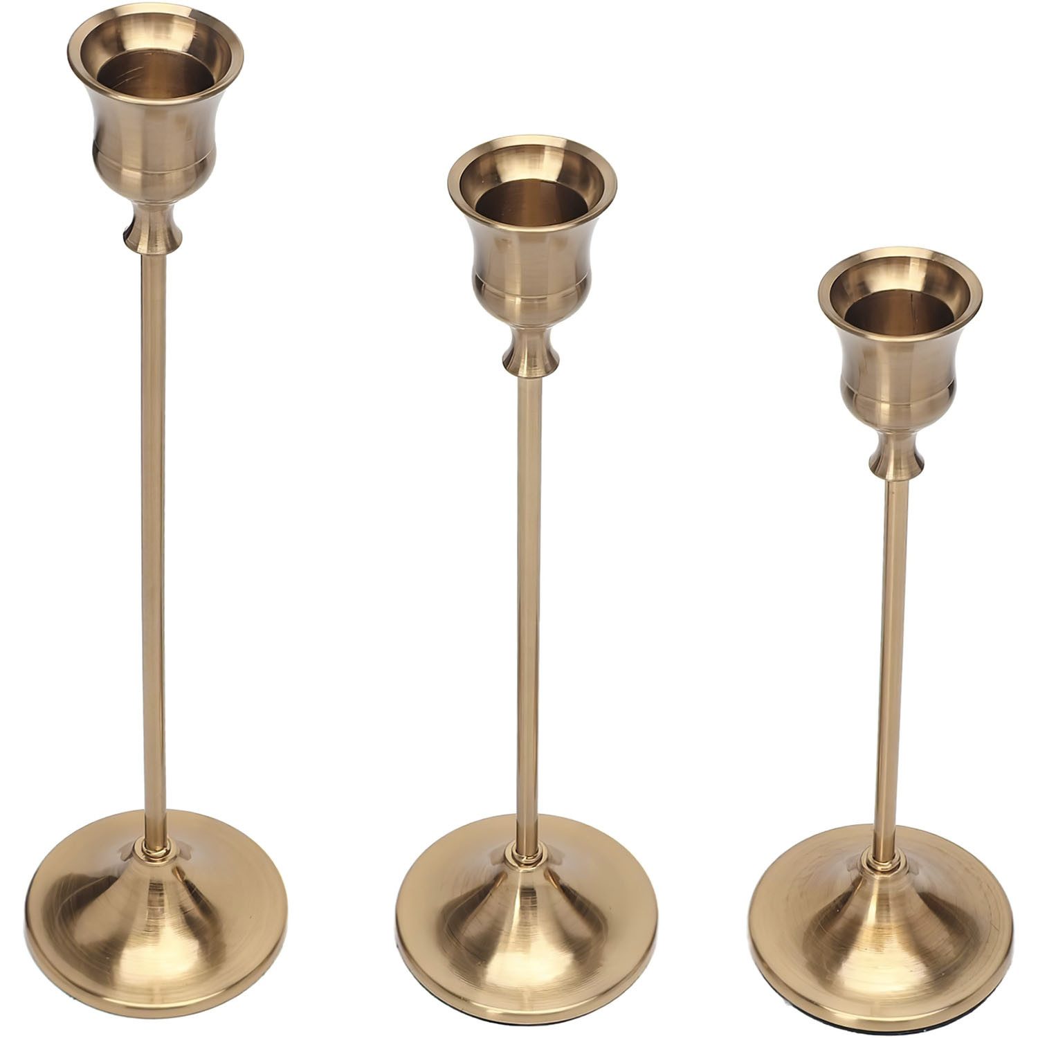 HEYHIPPO Kerzenständer Vintage Kerzenständer Tisch Candlelight Dinner Dekoration 3er Set (passend für runde Kerzen mit 2 cm Durchmesser, Drei Größen, 2,2 cm Durchmesser), Goldener konischer Kerzenhalter, Tischdekoration mit langem Griff