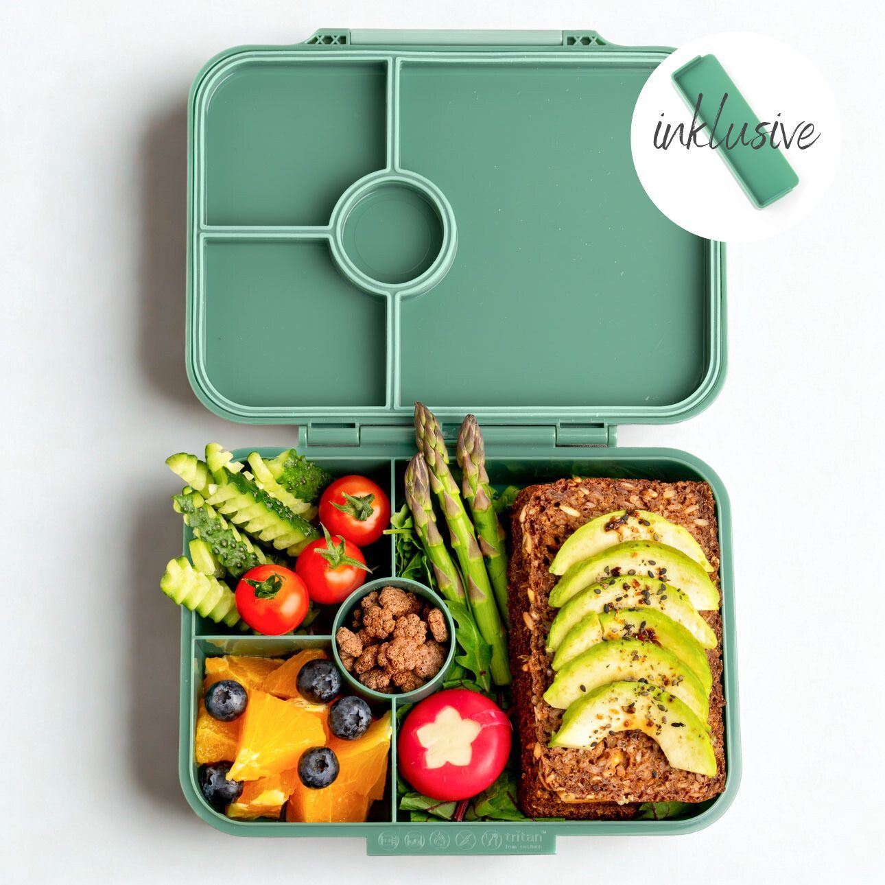 LEKKABOX Lunchbox Bentobox Brotdose, 4 Fächer - Kinder Vesperdose Brotbüchse Brotbox, Für feuchte Lebensmittel auslaufsicher, inkl. extra Trenner