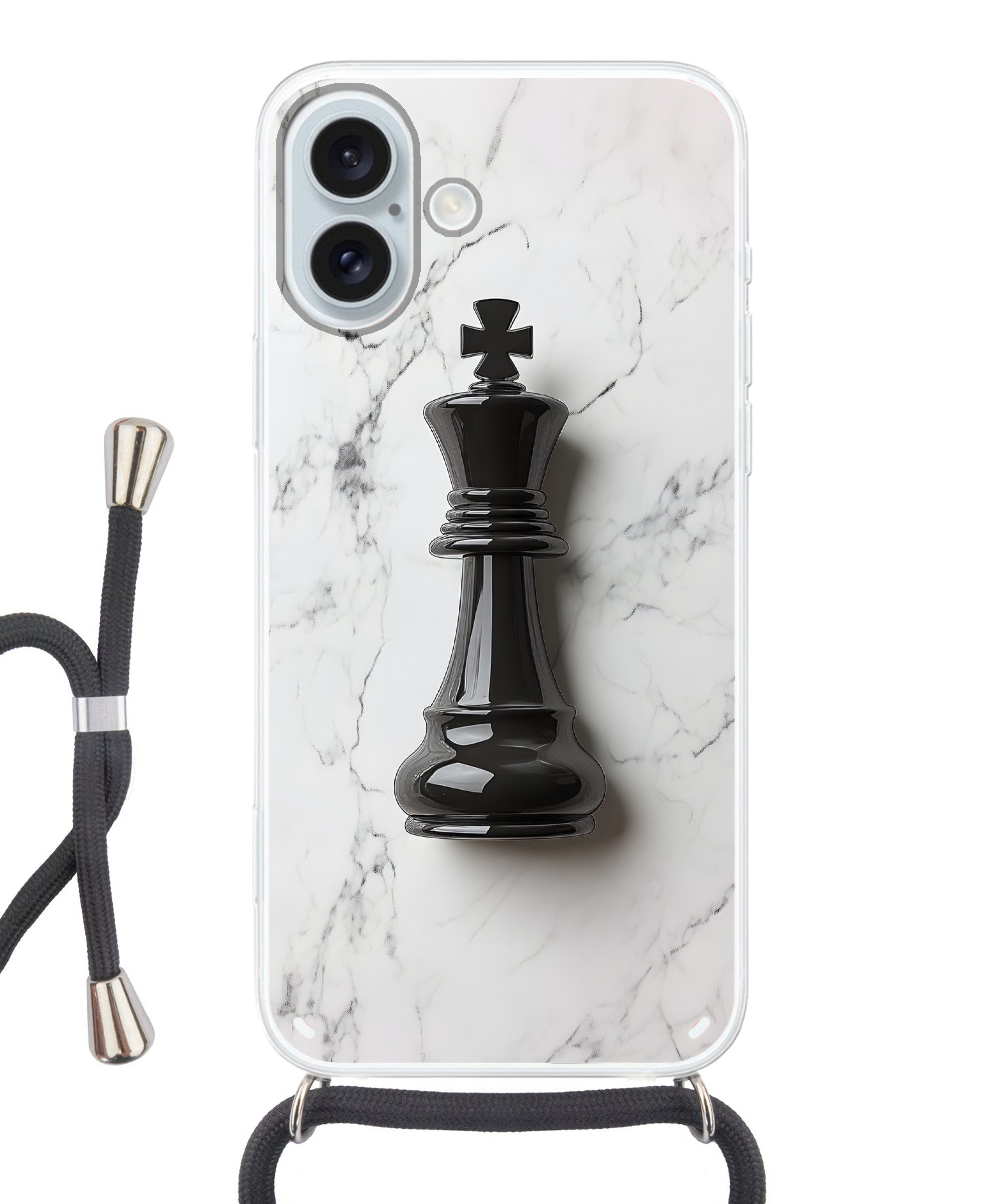 MuchoWow Handyhülle für Apple iPhone 16 Plus Schachfigur - König - Schwarz - Marmor, Tragbare Handyhüllen mit Kette zum umhängen, Handykette Handyband