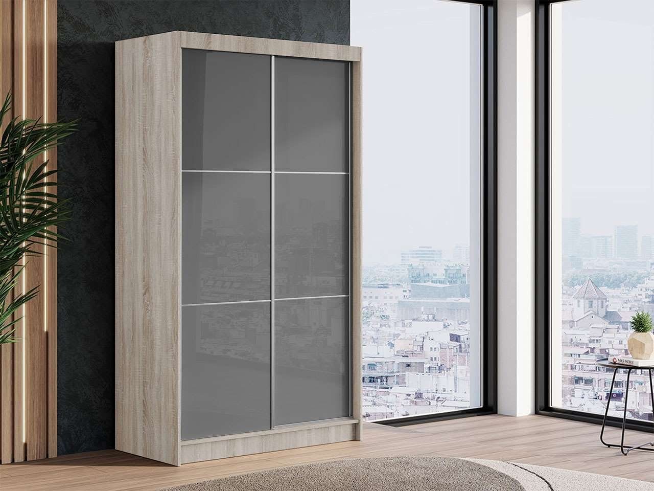 MKS MÖBEL Kleiderschrank VALENCIA Schwebetürenschrank 120 cm, Korpus Sonoma, Schrank mit Lacobel Grau