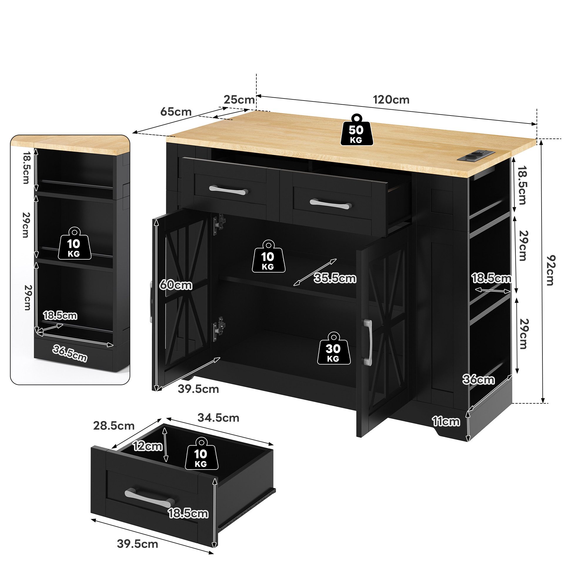 BlingBin Kücheninsel Küchenwagen Esstisch mit klappbarer Tischplatte & Rollen mit Bremsen, (offener Ablage, verstellbares Laminat,2 Glastüren,2 Schubladen), 2 AC-Anschluss und USB-Anschluss, 120L x 40(65)B x 92H cm
