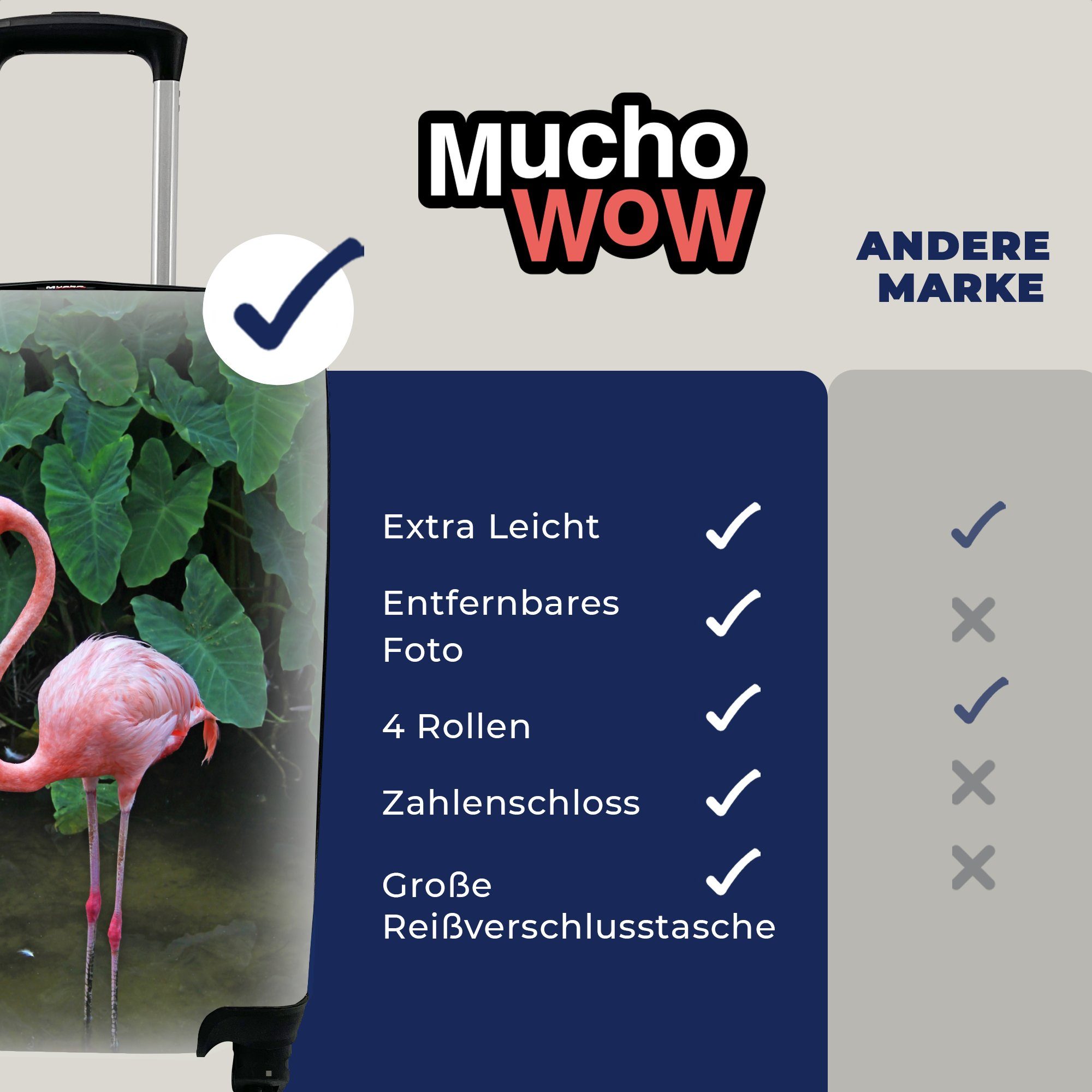 Ferien, Ein Handgepäckkoffer Handgepäck Reisetasche Trolley, 4 MuchoWow mit seichten im rollen, steht Flamingo Wasser, Reisekoffer für Rollen,
